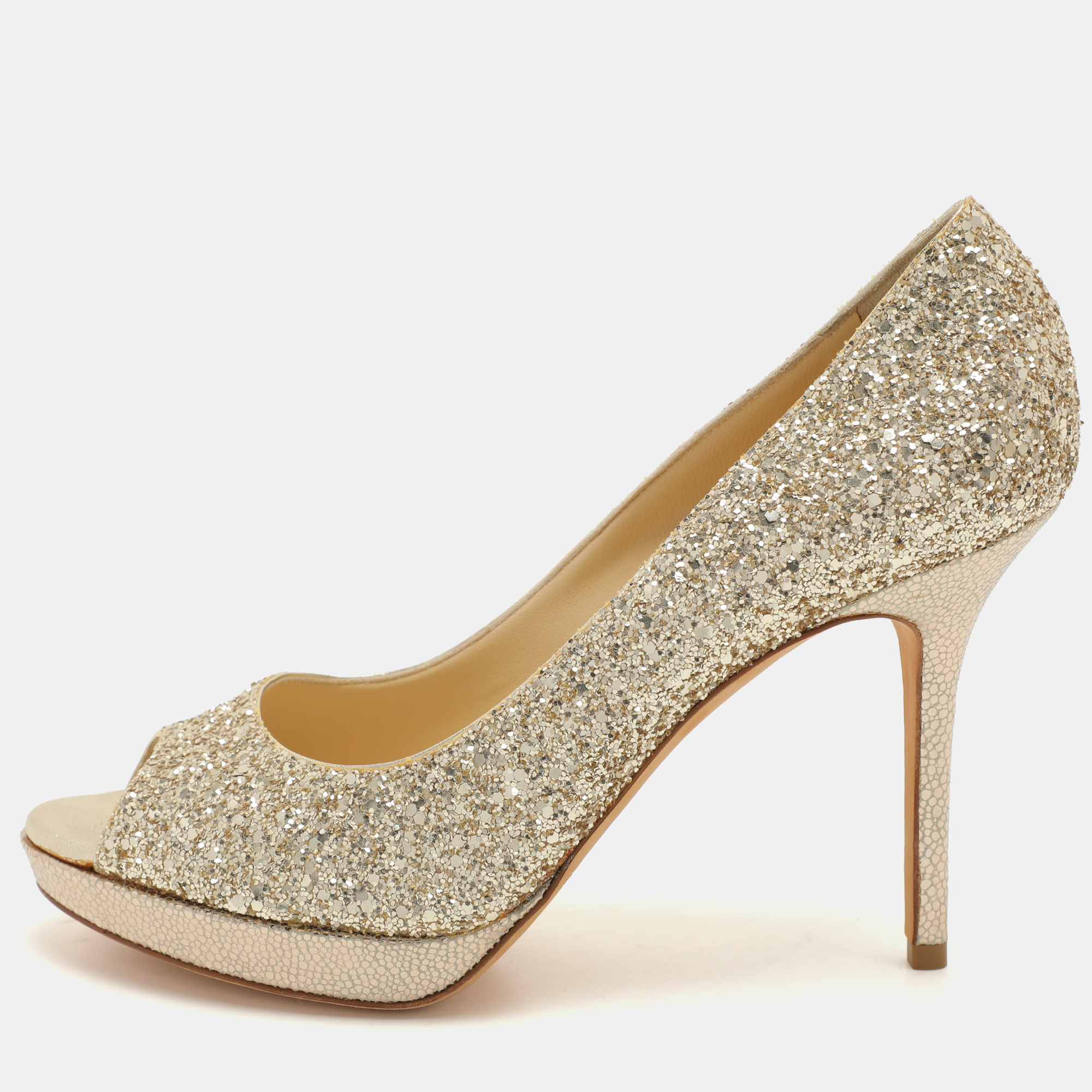 

Jimmy Choo Metallic Gold Glitter Dahlia Platform Peep Toe Pumps Size 38.5