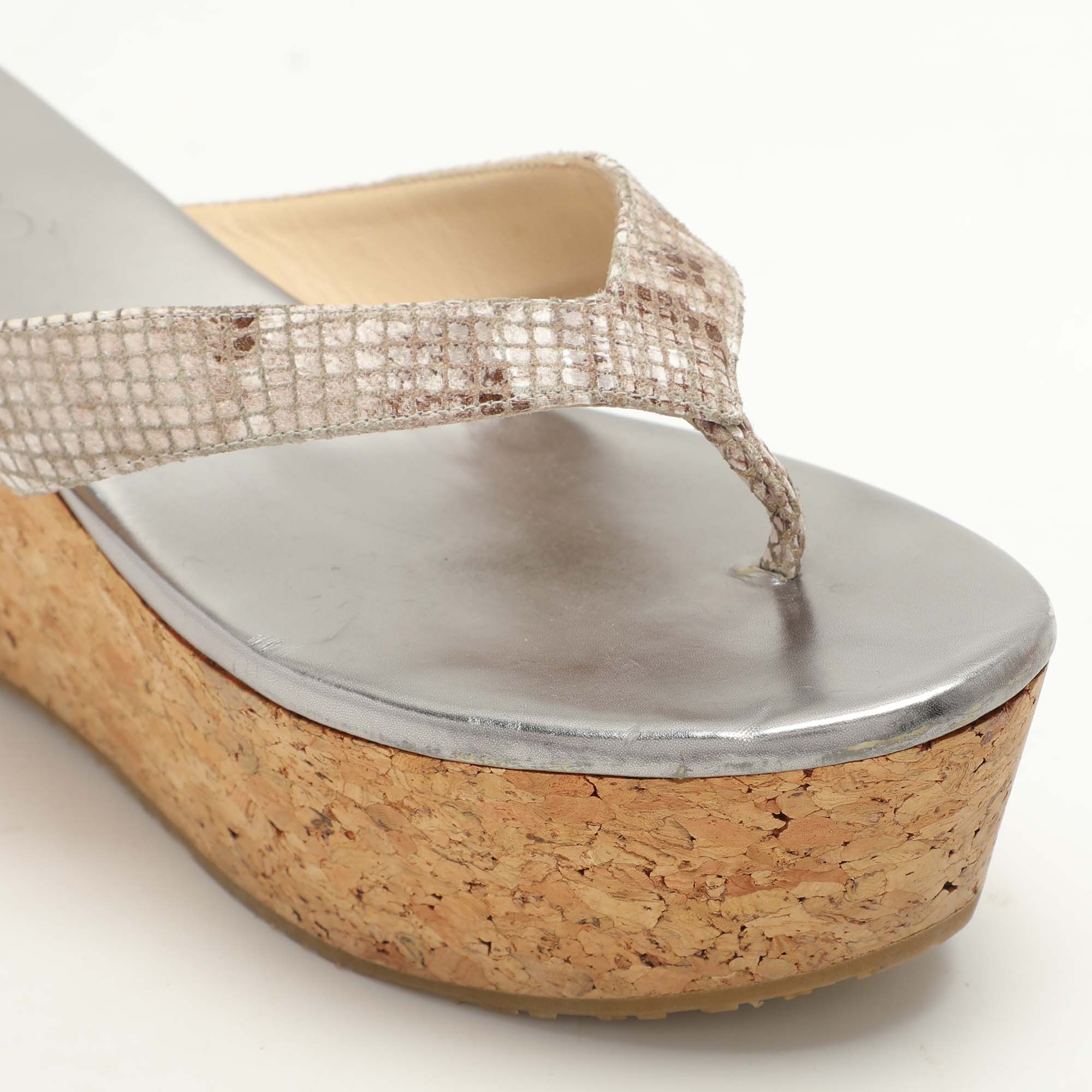 Jimmy Choo Beige Python Texture Suede Paque Cork Platform Thong Sandals Size 41 