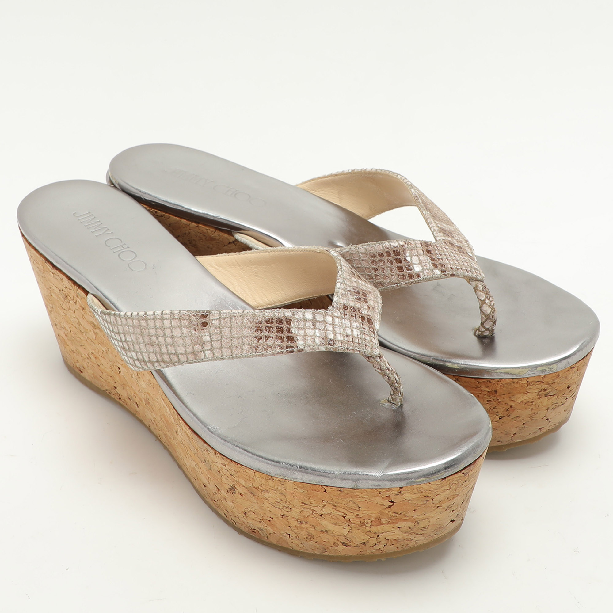 Jimmy Choo Beige Python Texture Suede Paque Cork Platform Thong Sandals Size 41 