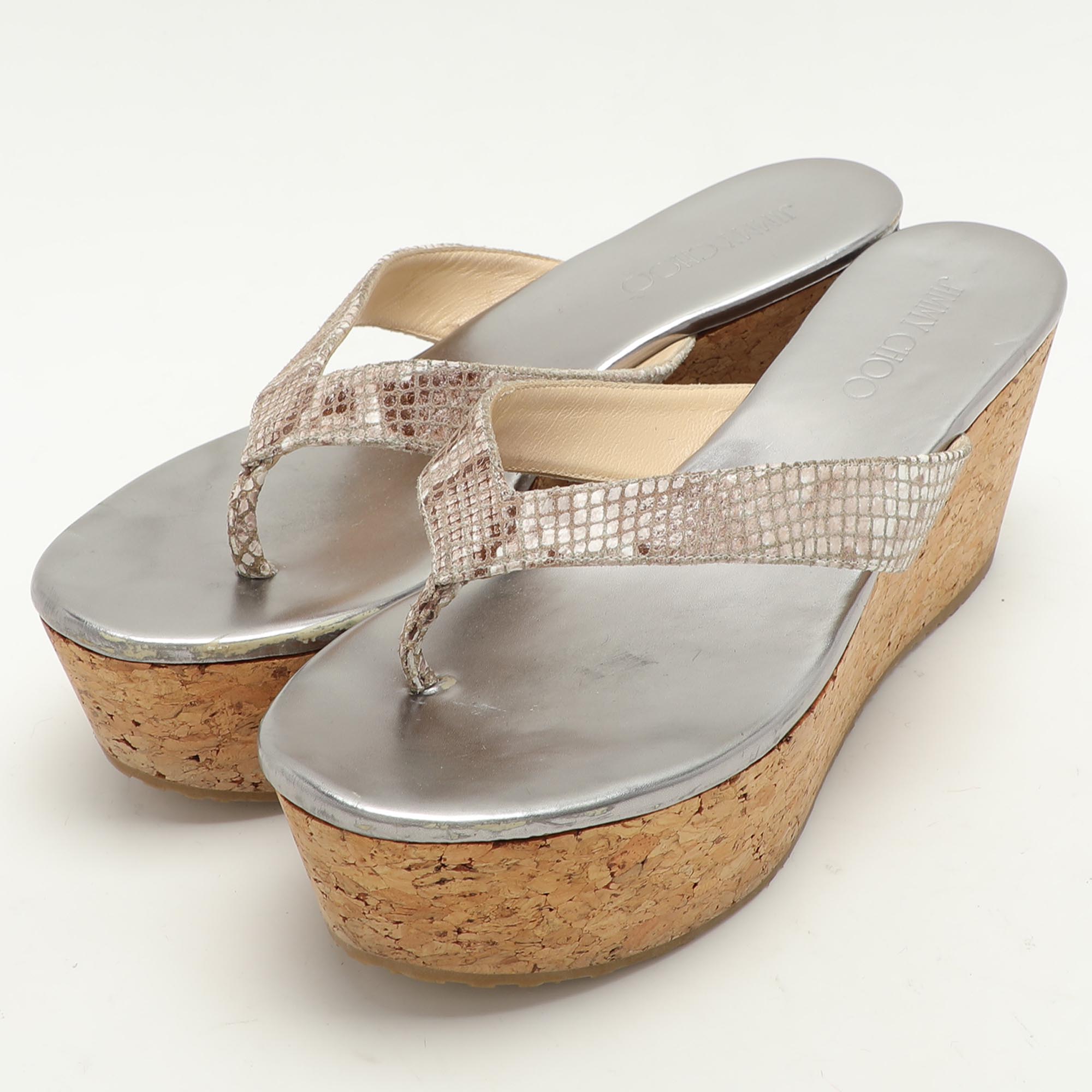 Jimmy Choo Beige Python Texture Suede Paque Cork Platform Thong Sandals Size 41 