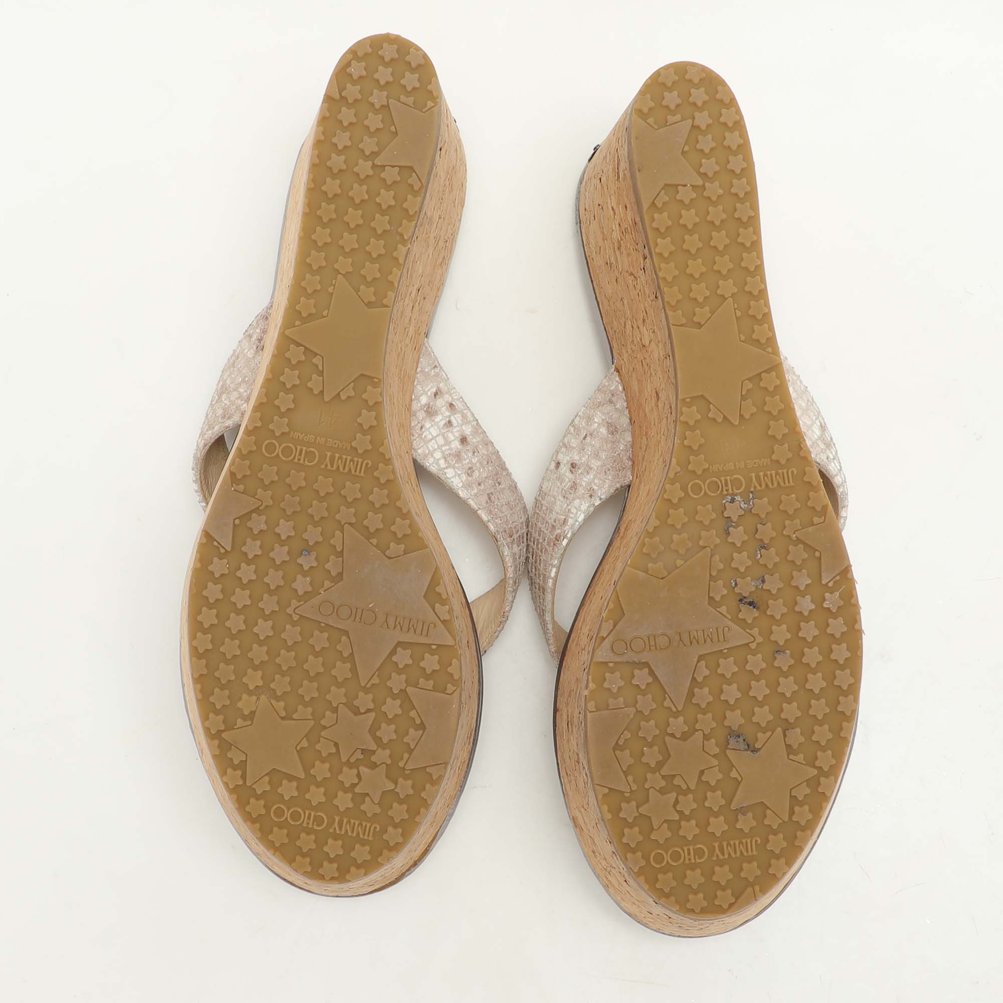 Jimmy Choo Beige Python Texture Suede Paque Cork Platform Thong Sandals Size 41 