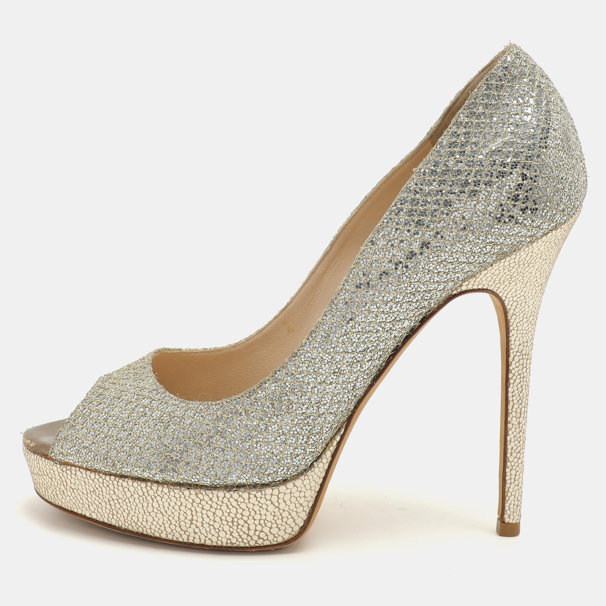 

Jimmy Choo Gold Glitter Luna Platform Pumps Size