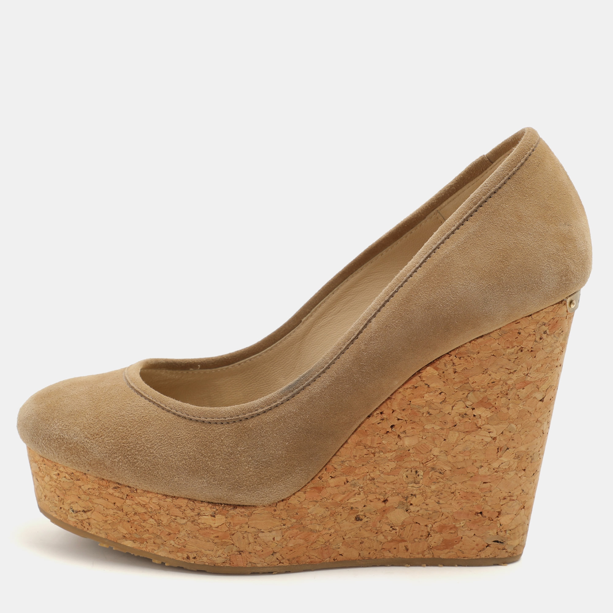 

Jimmy Choo Beige Suede And Cork Wedge Platform Pumps Size