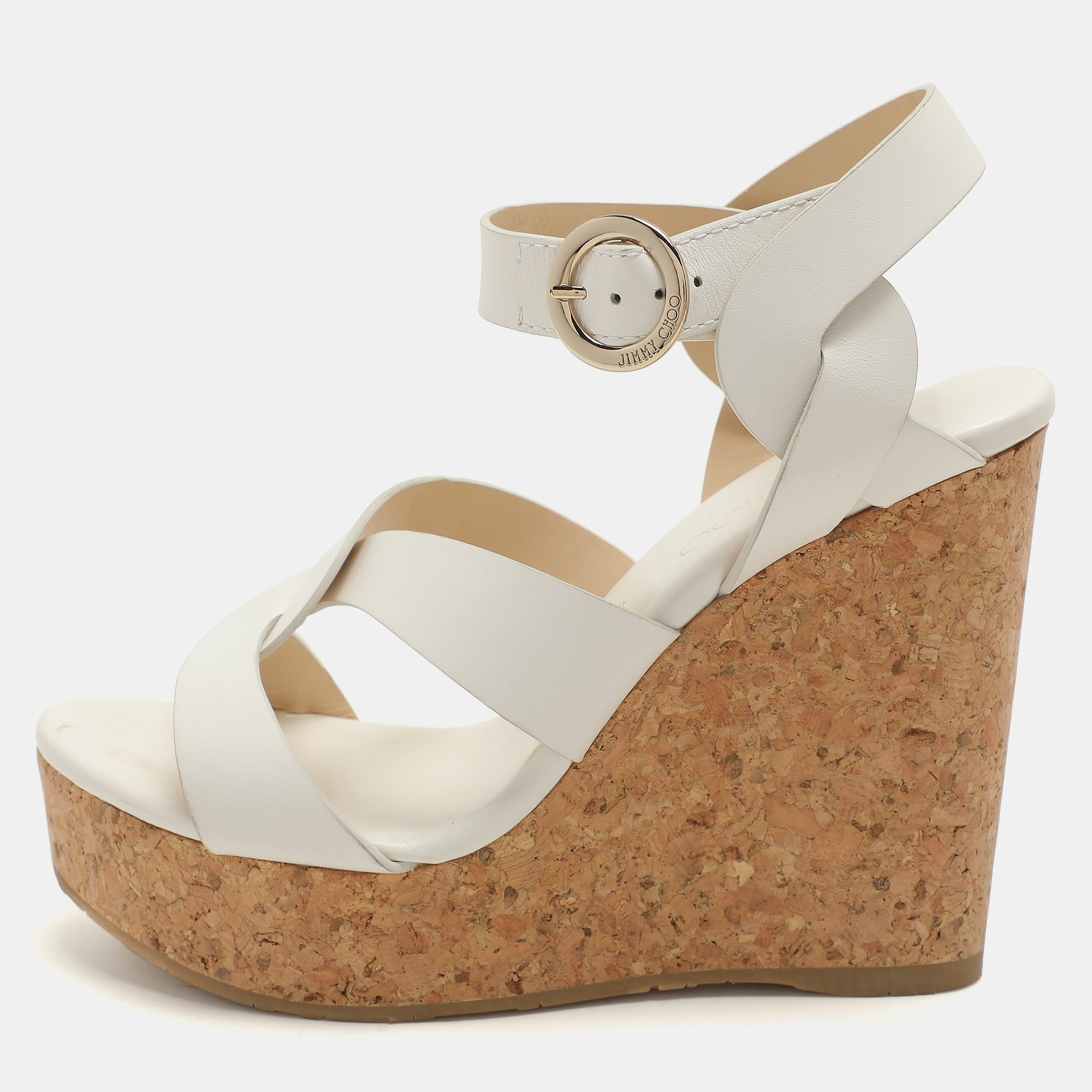 

Jimmy Choo White Leather Wedge Cork Platform Sandals Size