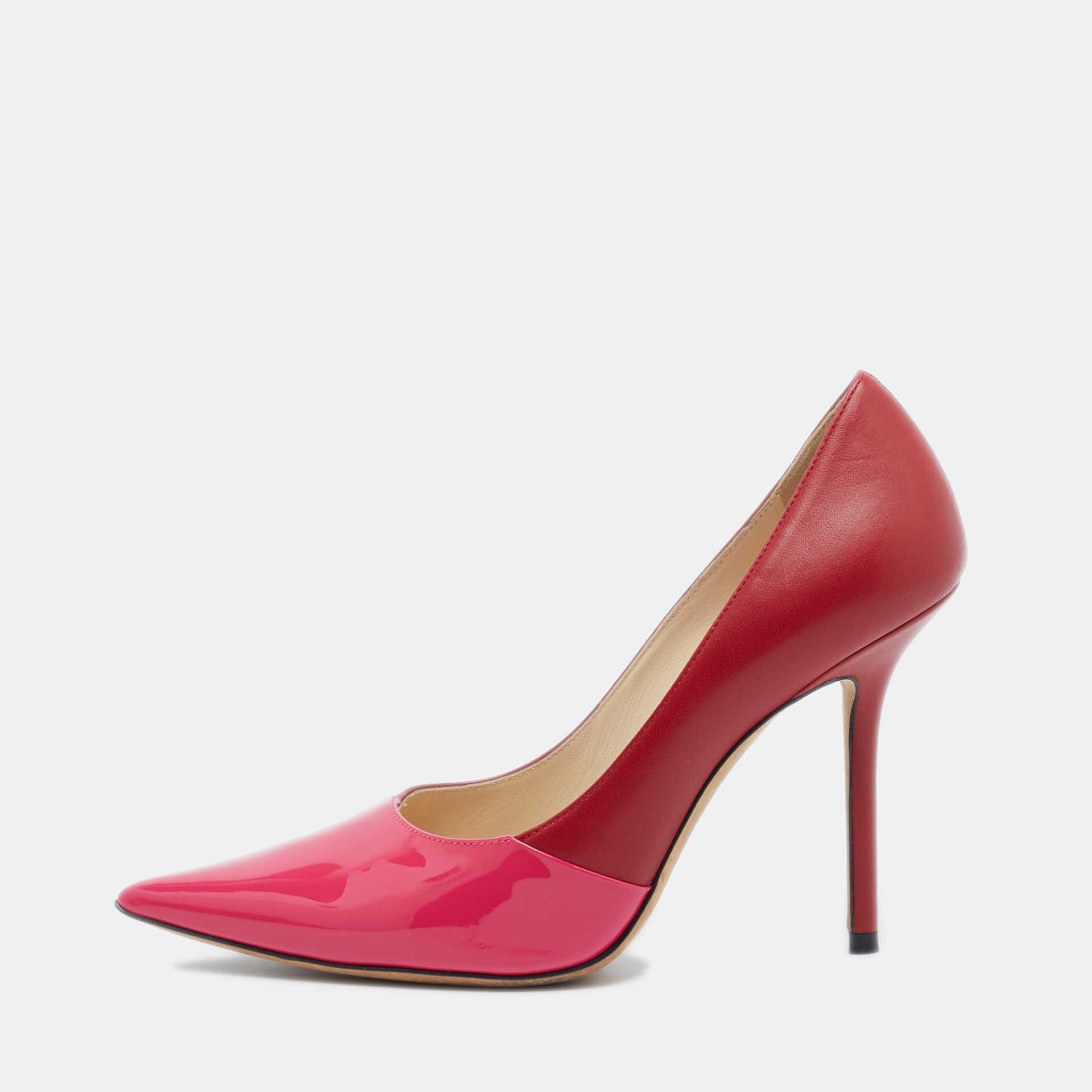 

Jimmy Choo Pink/Red Patent and Leather Asymmetric Love Pumps Size