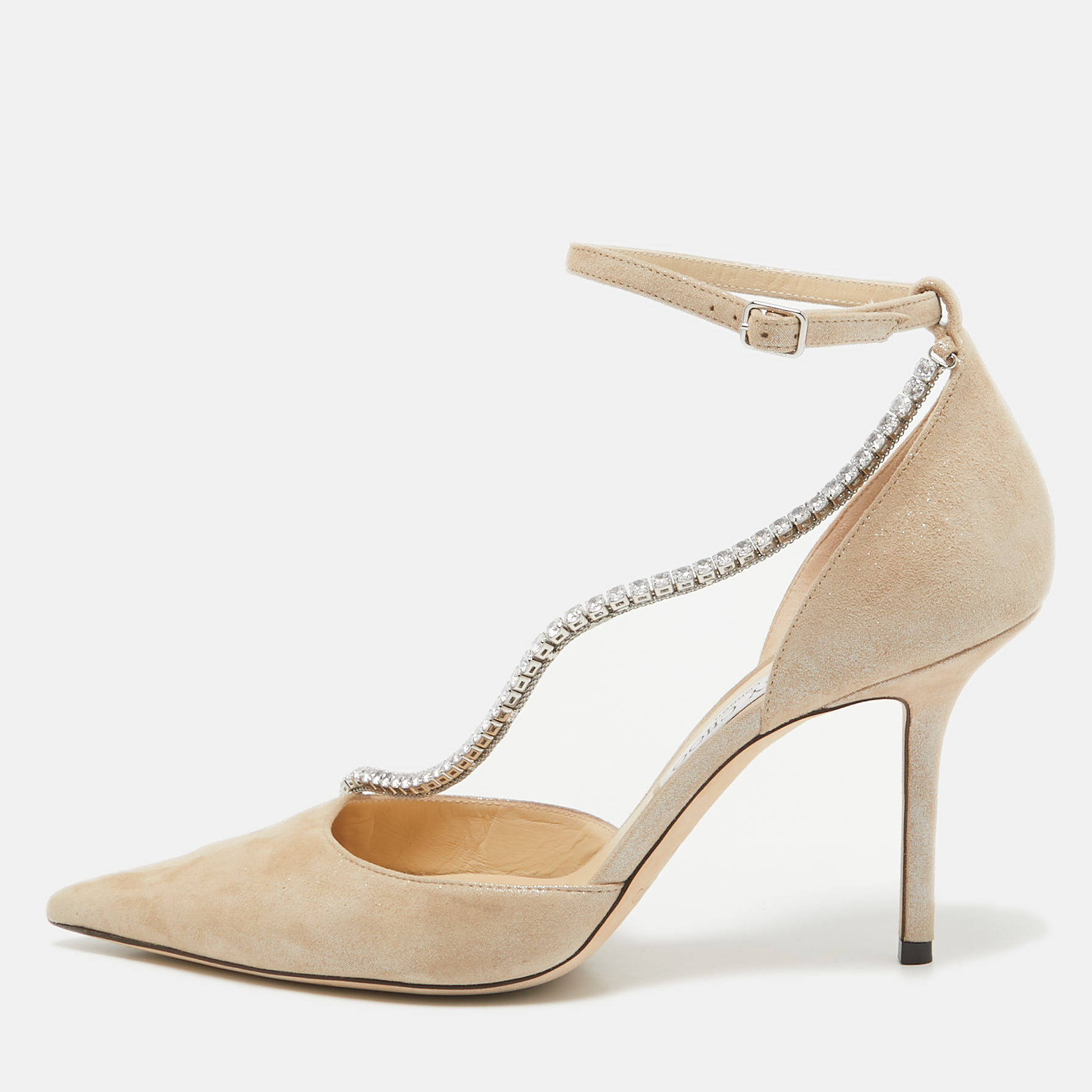 

Jimmy Choo Beige Textured Suede Crystal Chain Talika Pumps Size