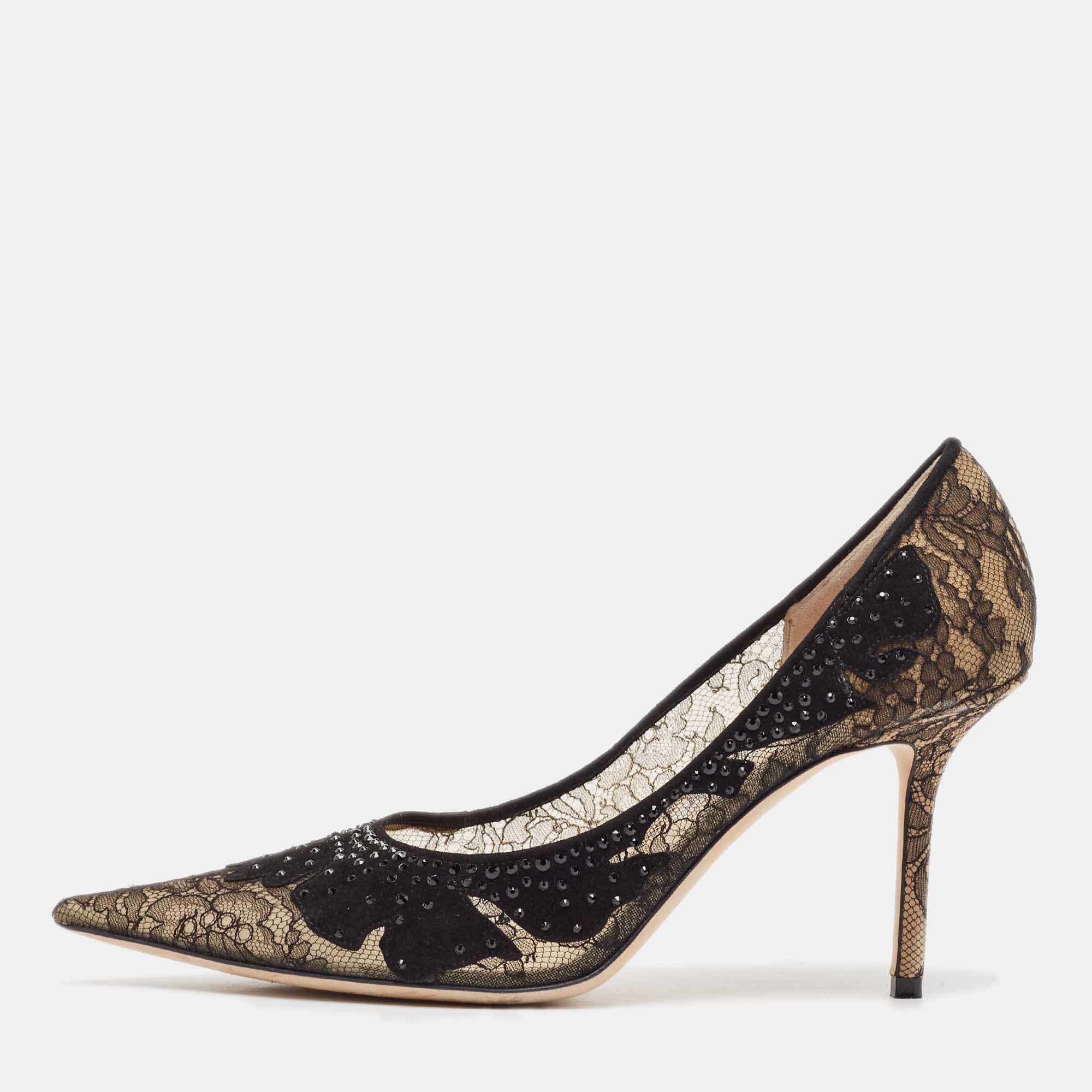 

Jimmy Choo Black Floral Lace Pointed Toe Pumps Size