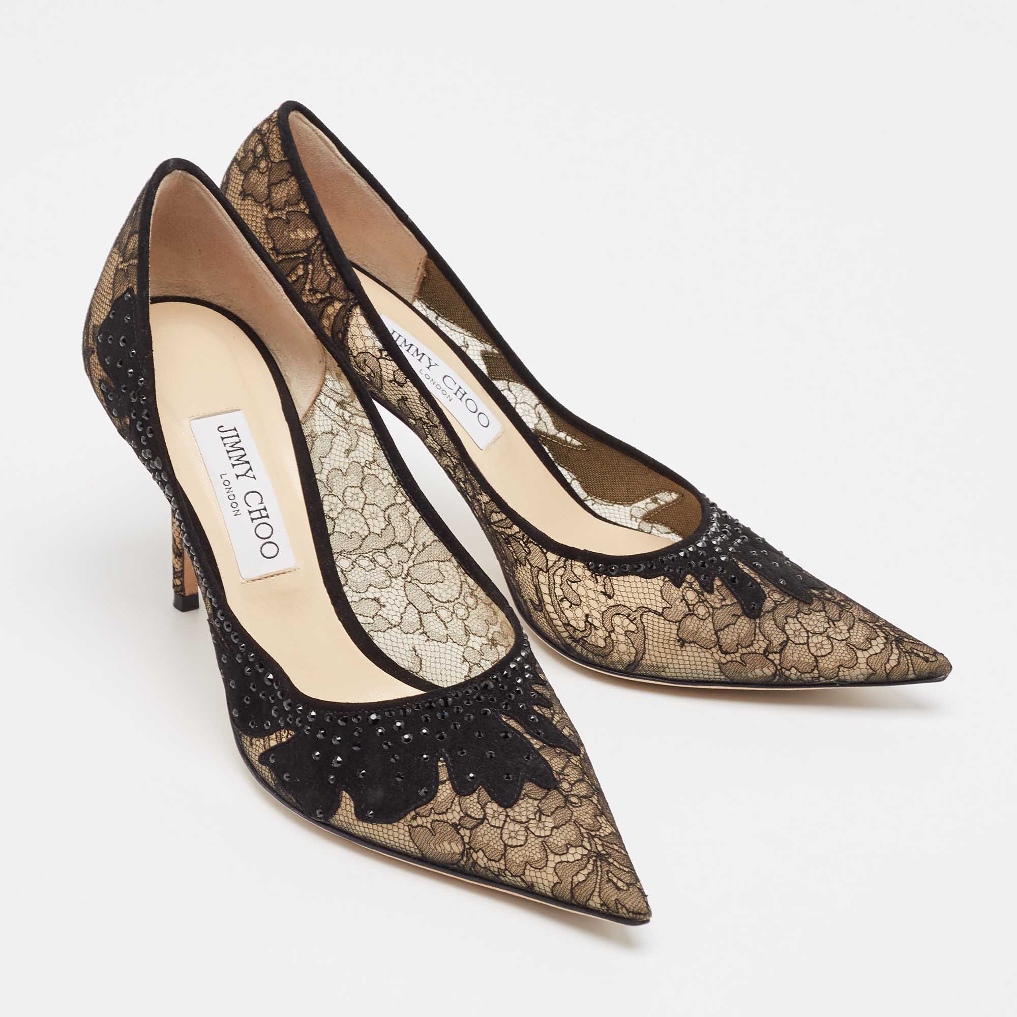Jimmy Choo Black Floral Lace Pointed Toe Pumps Size 40.5 