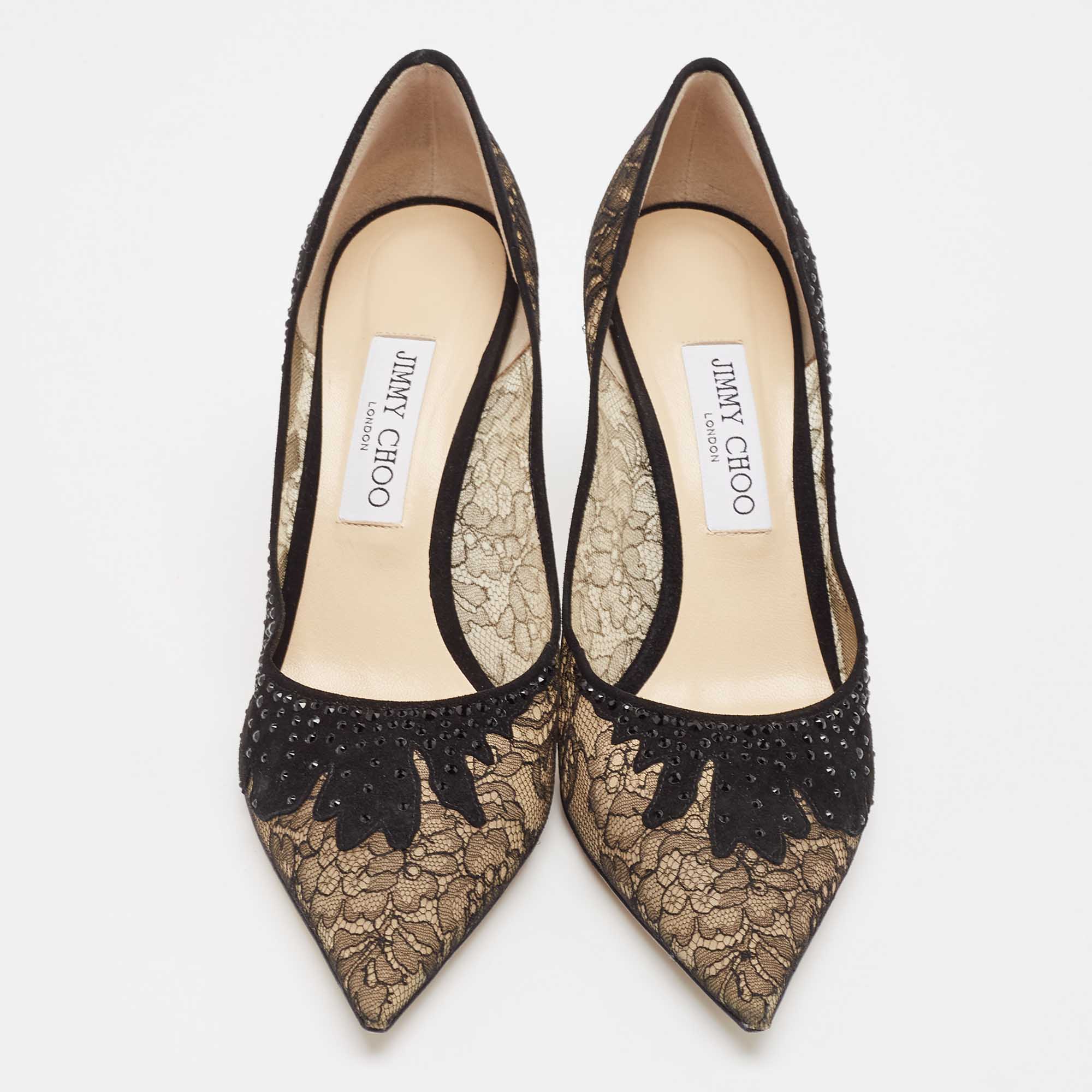 Jimmy Choo Black Floral Lace Pointed Toe Pumps Size 40.5 