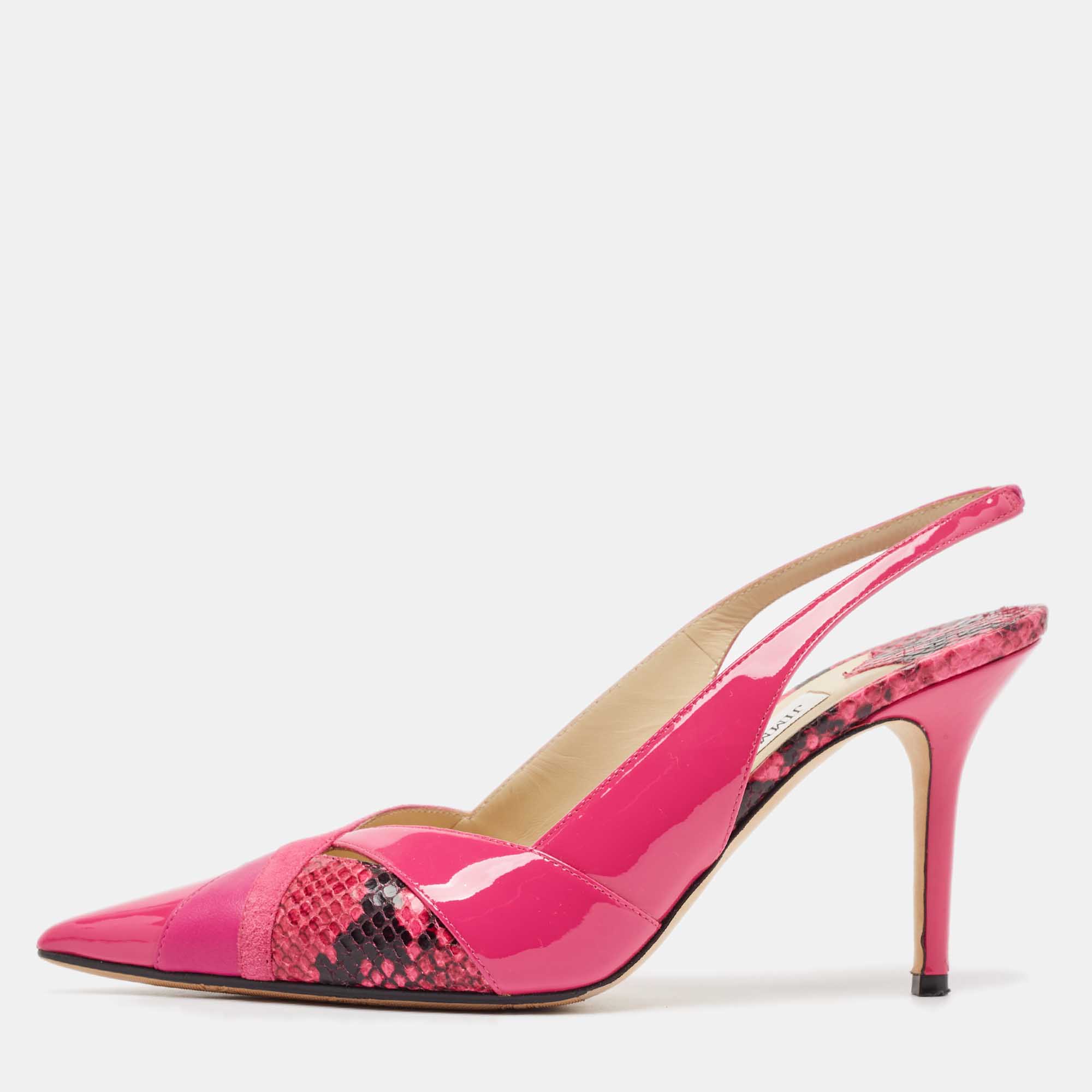 

Jimmy Choo Pink Patent Leather and Suede Pointed Toe Slingback Pumps Size