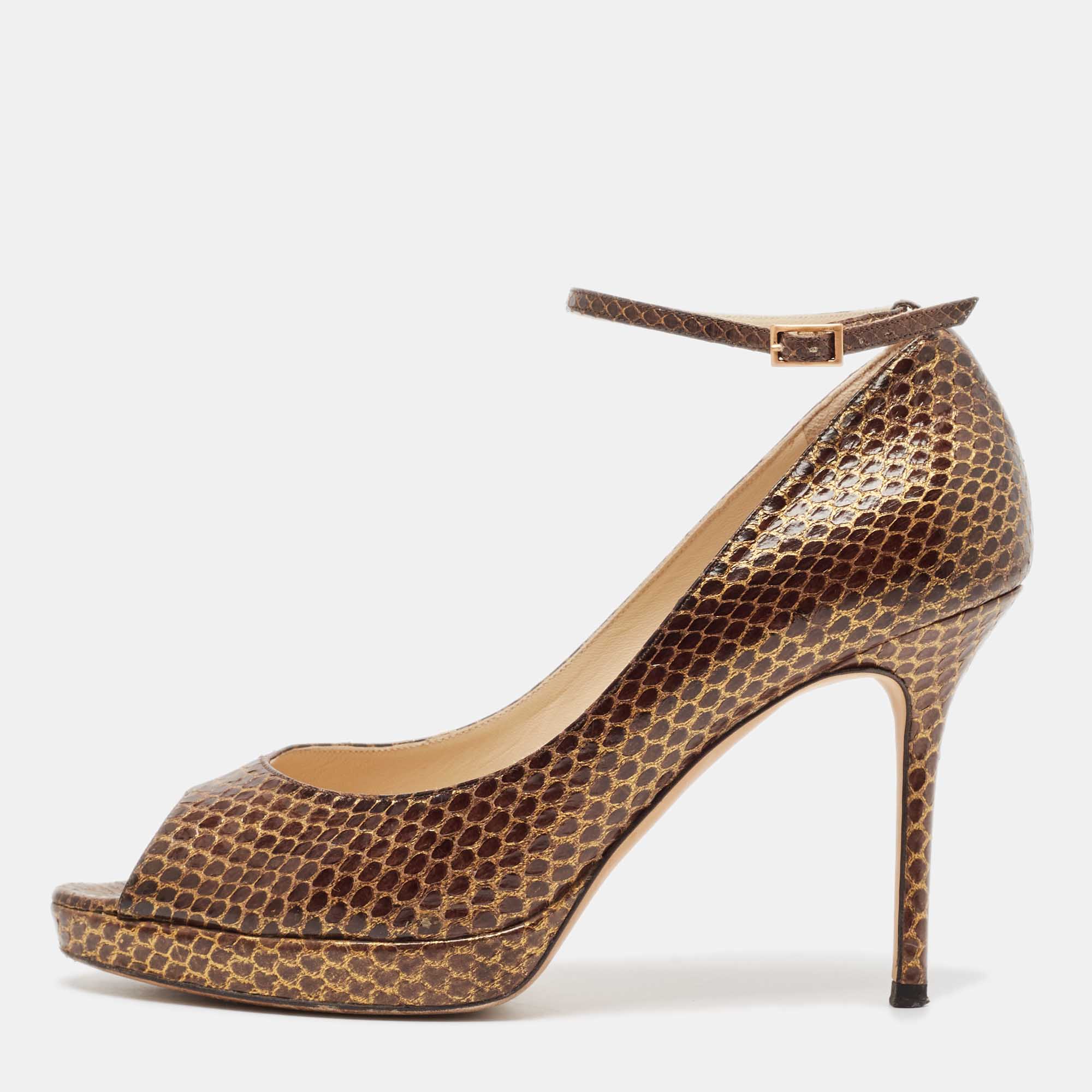 

Jimmy Choo Brown Python Leather Peep Toe Pumps Size