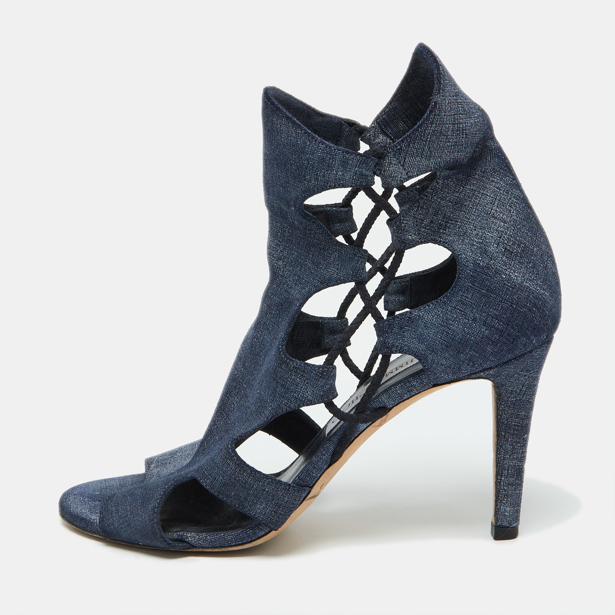 

Jimmy Choo Blue Denim Fabric Cutout Gladiator Sandals Size