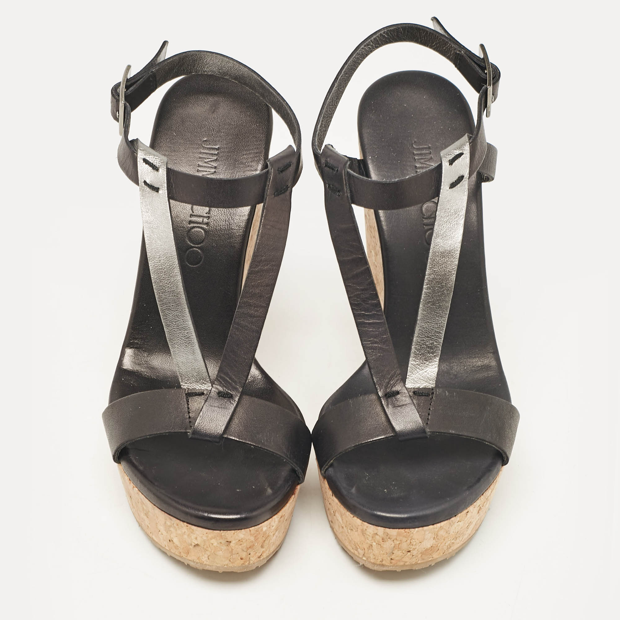 Jimmy Choo Black Leather Native Cork Wedge Sandals Size 35.5 