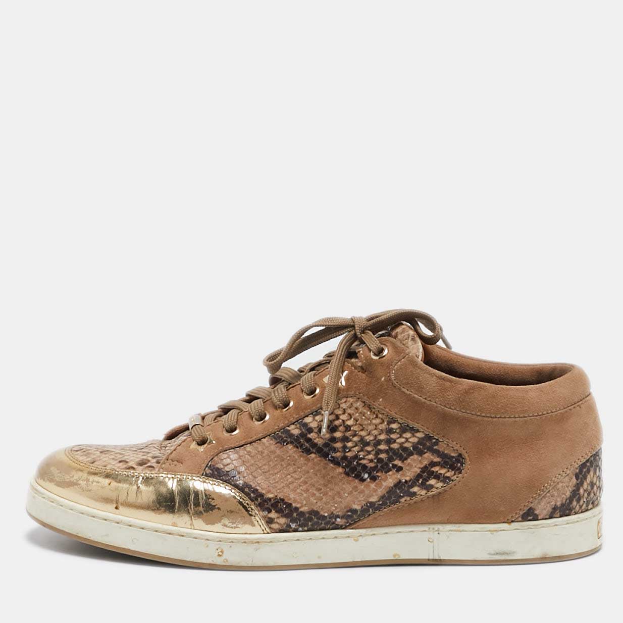 

Jimmy Choo Beige Python Embossed Leather and Suede Miami Lace Up Sneakers Size