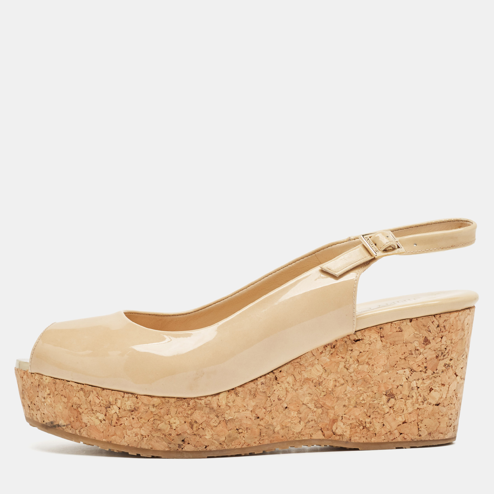 

Jimmy Choo Beige Patent Leather Praise Cork Wedge Sandals Size