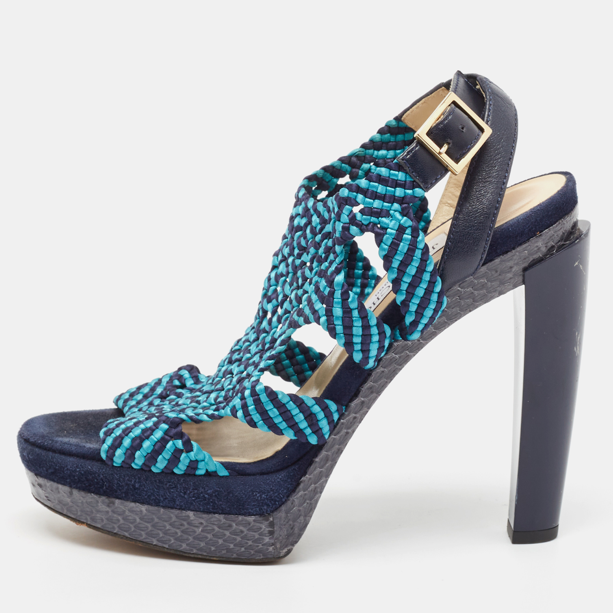 

Jimmy Choo Two Tone Woven Leather and Python Ankle Strap Sandals Size, Blue