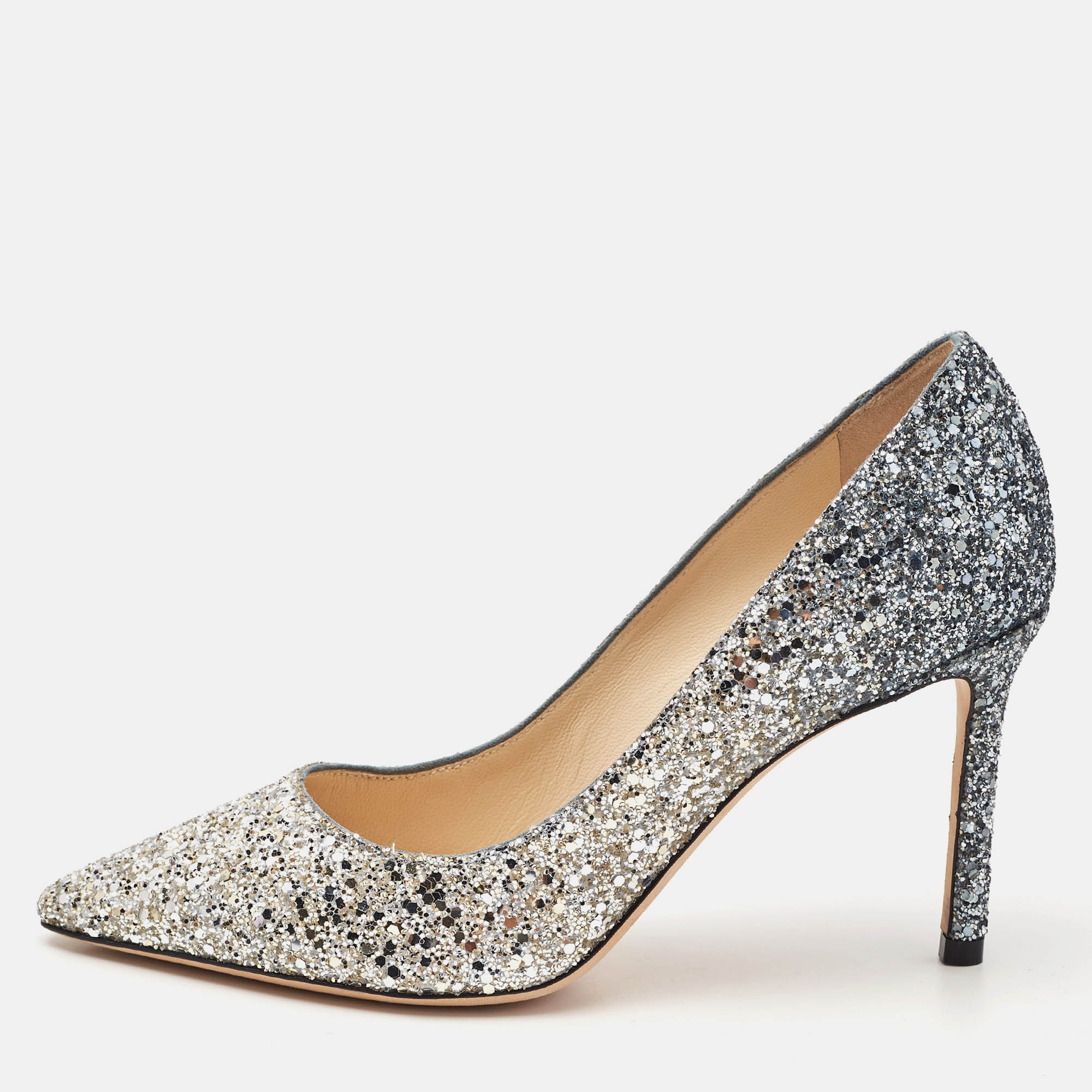 

Jimmy Choo Silver/Grey Coarse Glitter Romy Pumps Size