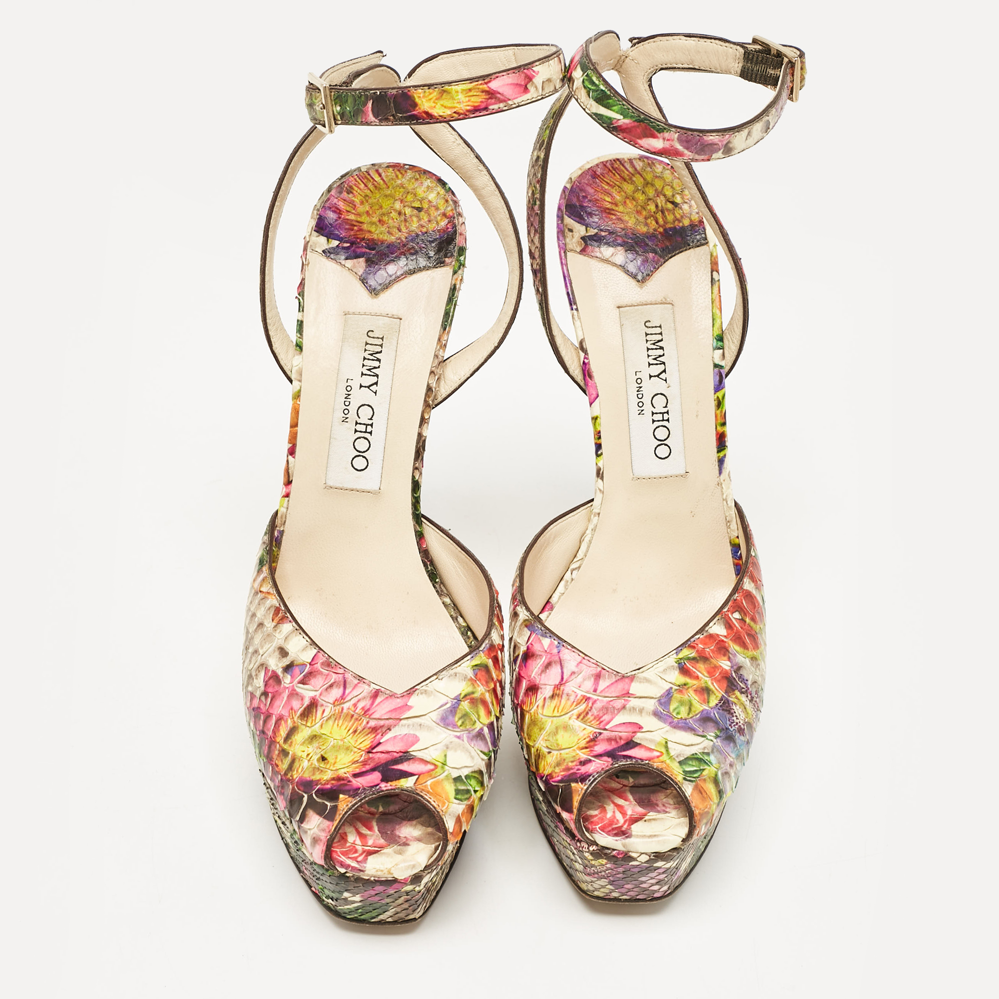 Jimmy Choo Multicolor Floral Python Lola Platform Sandals Size 39.5 