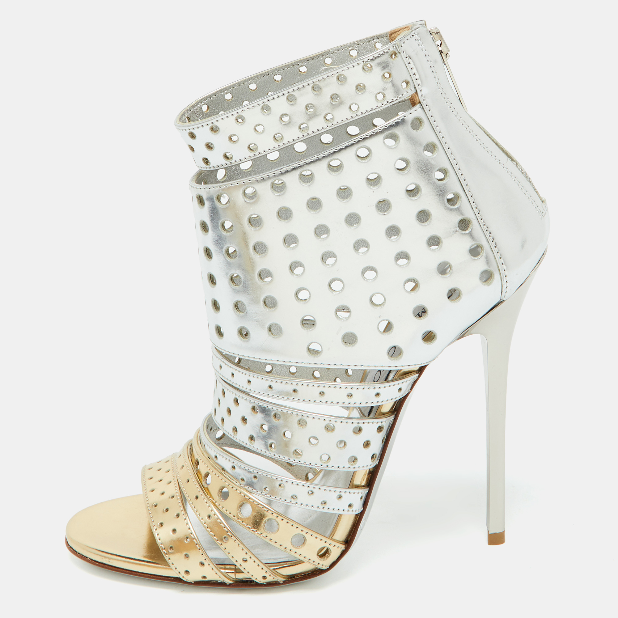 

Jimmy Choo Silver/Gold Foil Leather Malika Perforated Sandals Size