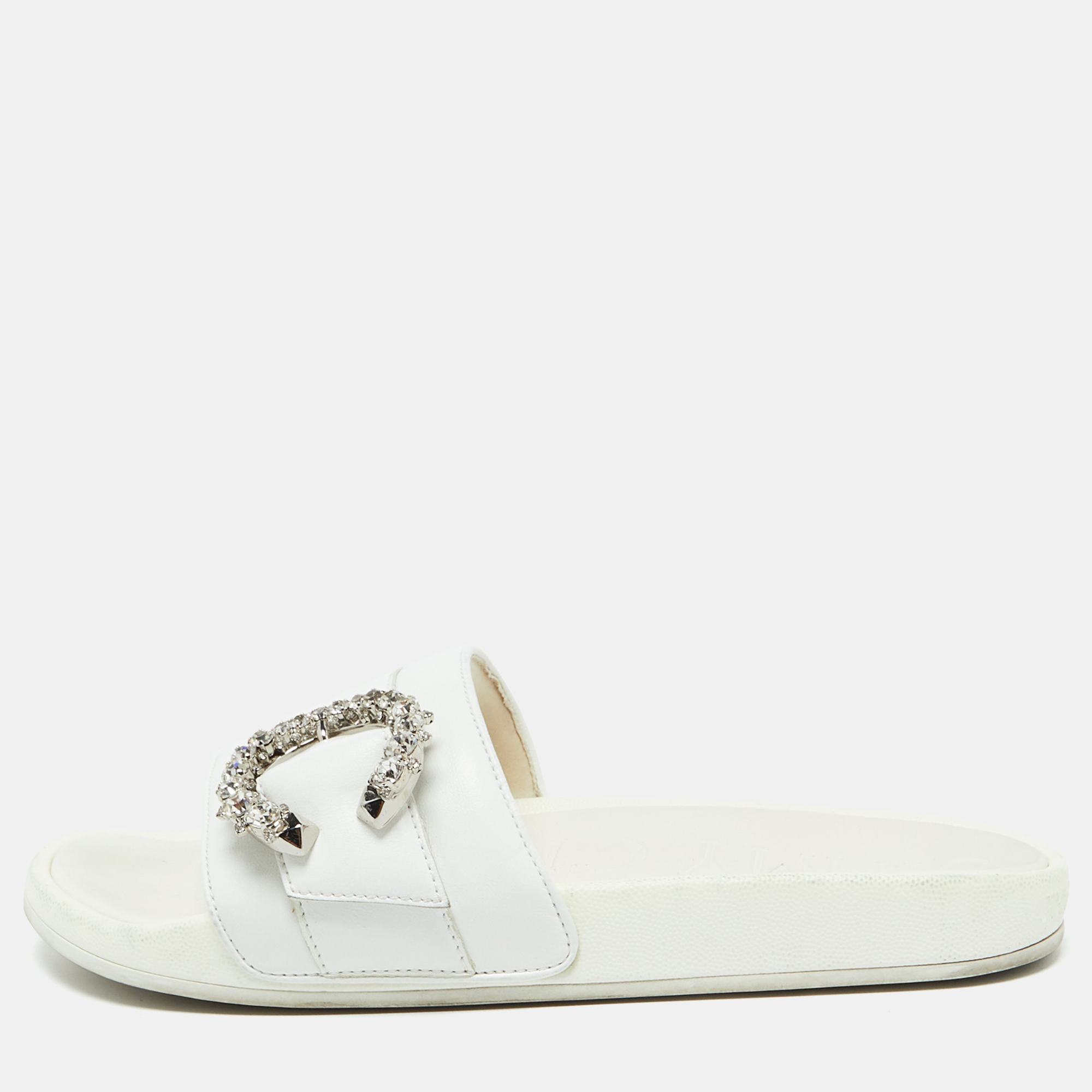 

Jimmy Choo White Leather Crystal Embellished Flat Slides Size