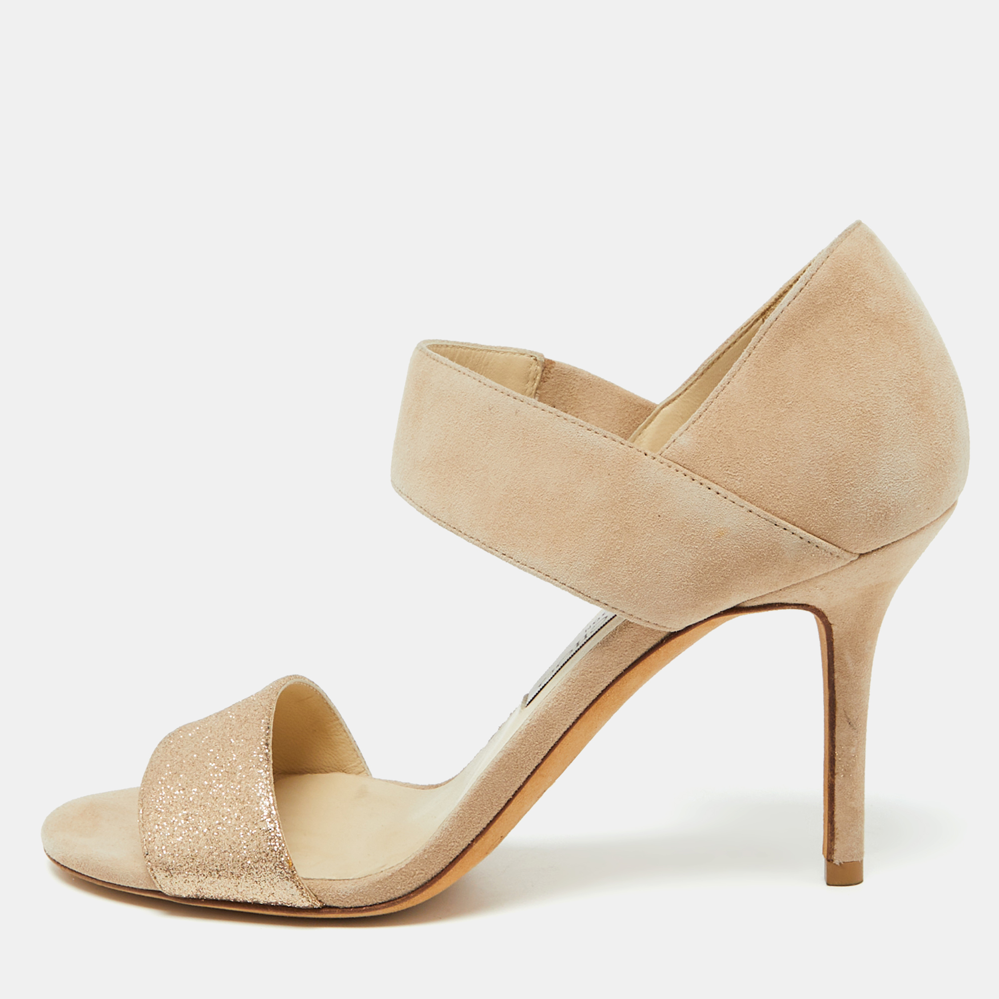 

Jimmy Choo Beige Suede and Glitter Tesoro Strap Sandals Size