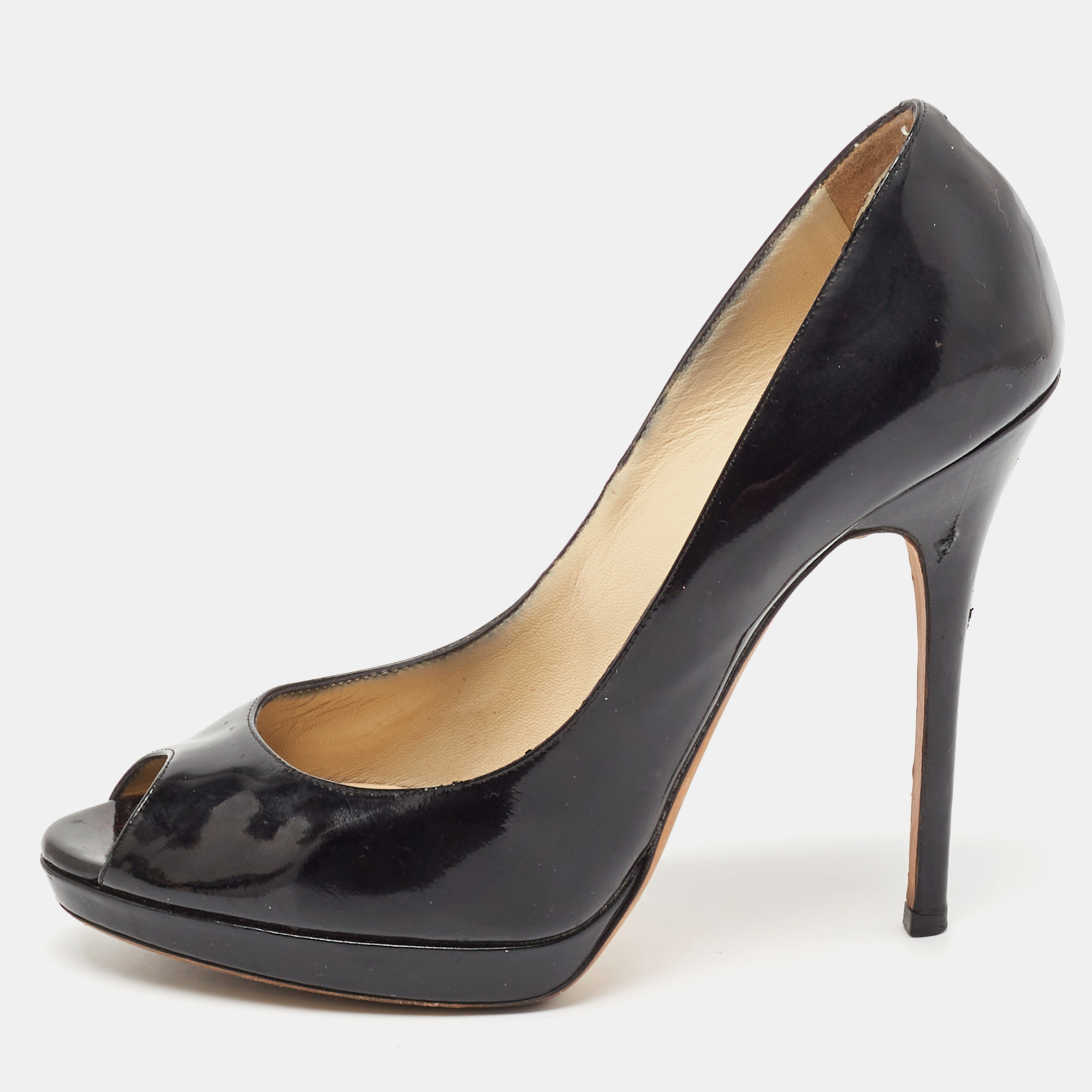 

Jimmy Choo Black Patent Leather Cosmic Peep Toe Pumps Size