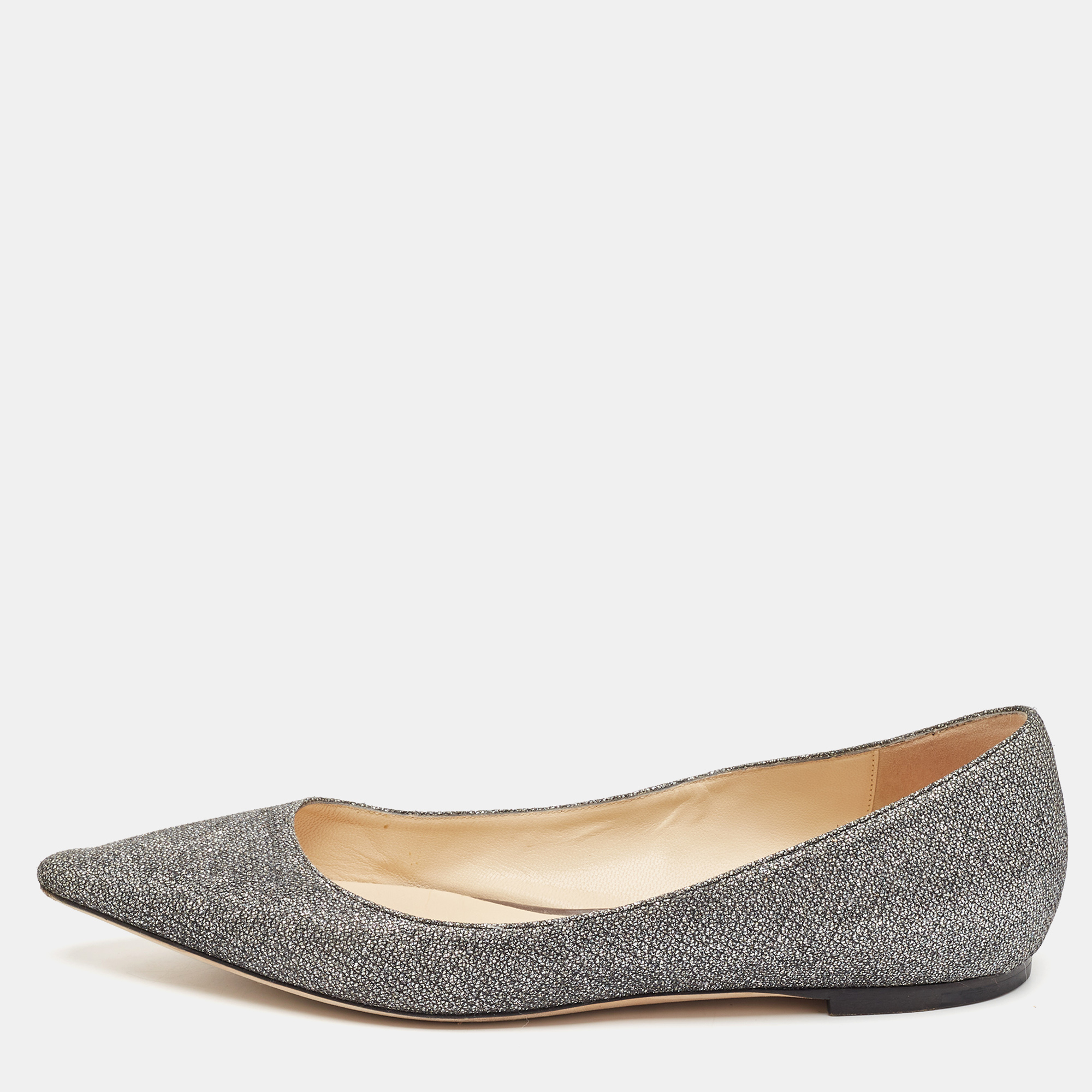 

Jimmy Choo Metallic Grey Lurex Fabric Romy Flats Size