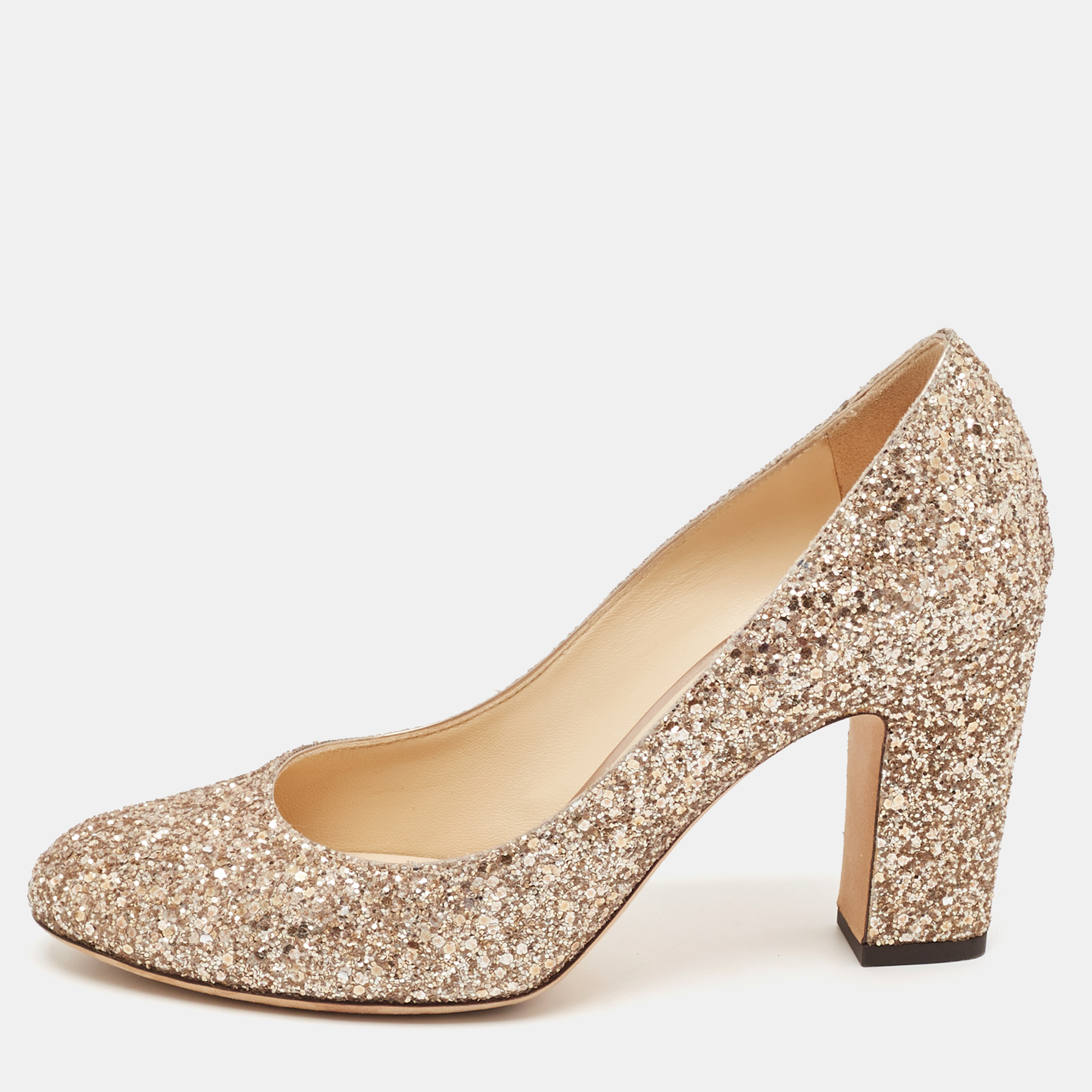 

Jimmy Choo Metallic Gold Glitter Billie Block Heel Pumps Size