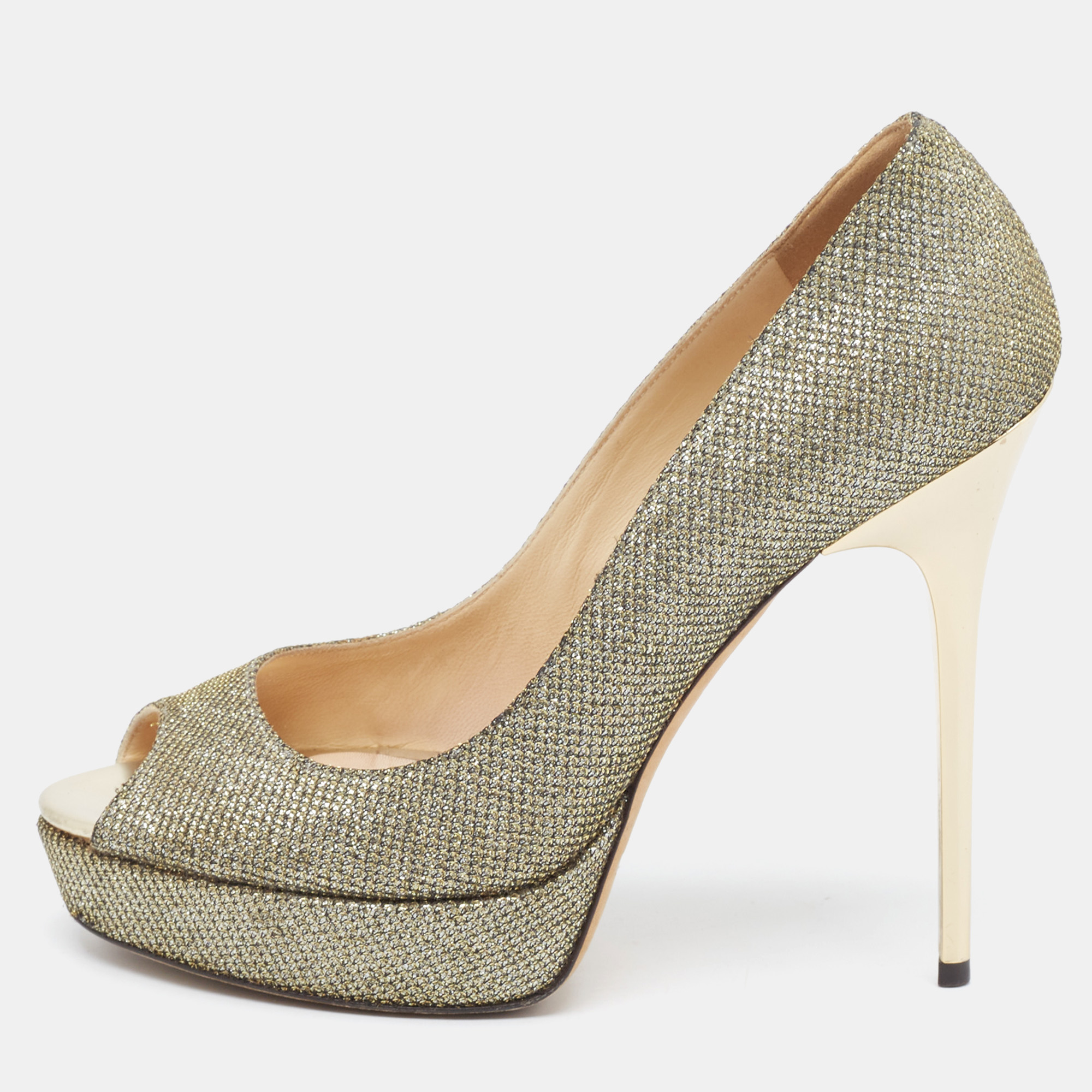 

Jimmy Choo Silver/Gold Lurex Fabric Dahlia Peep Toe Pumps Size