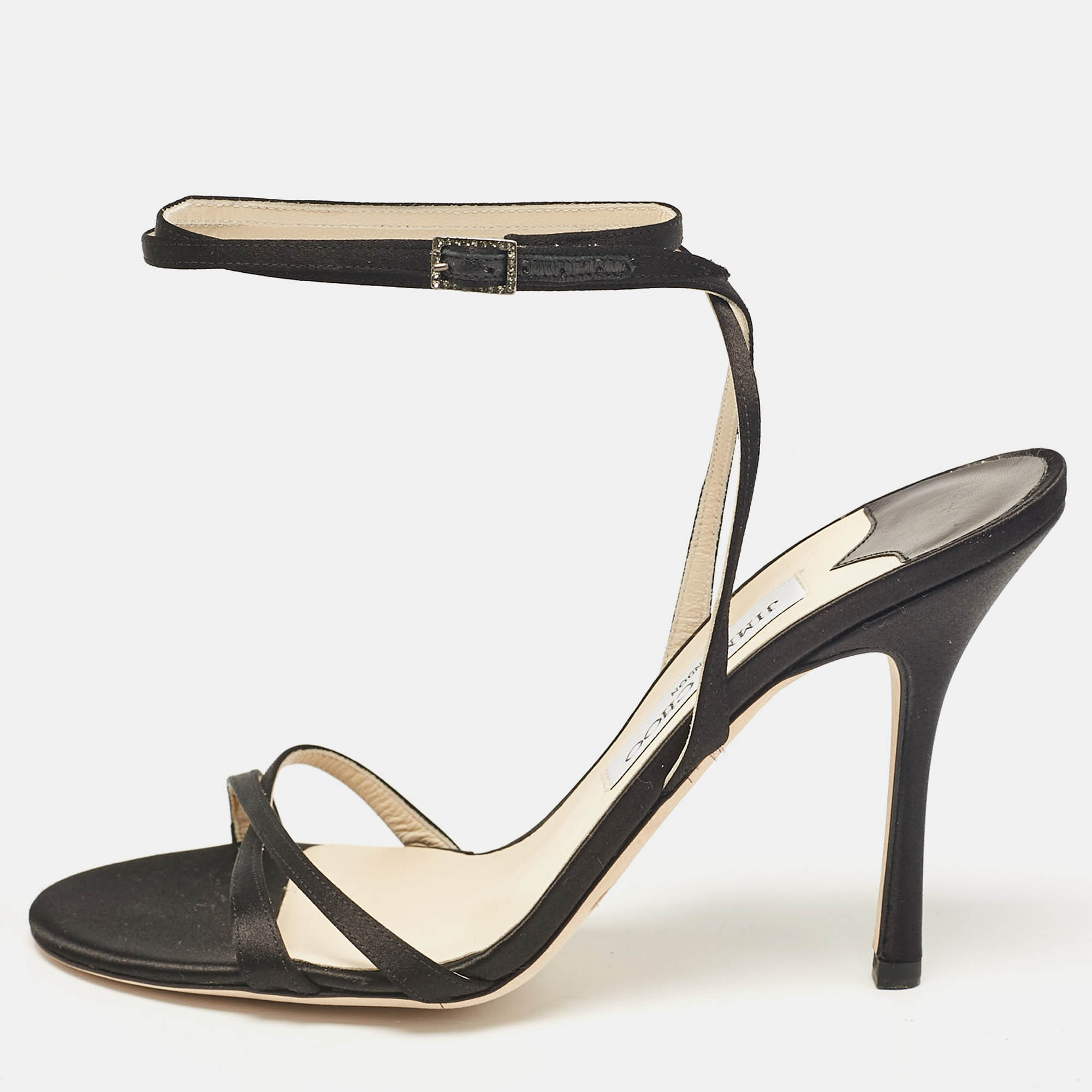 

Jimmy Choo Black Satin Elaine Ankle Strap Sandals Size