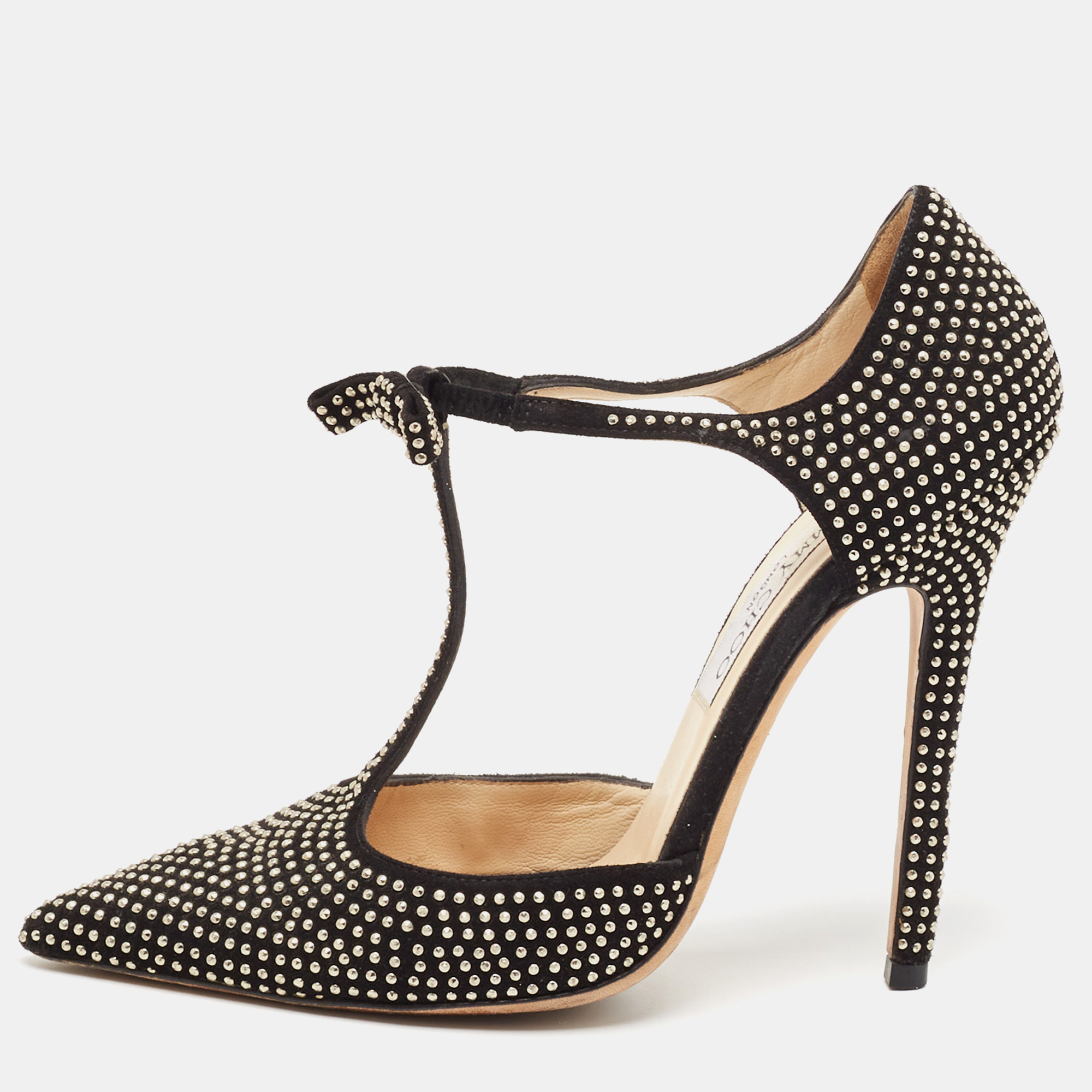 

Jimmy Choo Black Studded Suede Talan T Strap Pumps Size