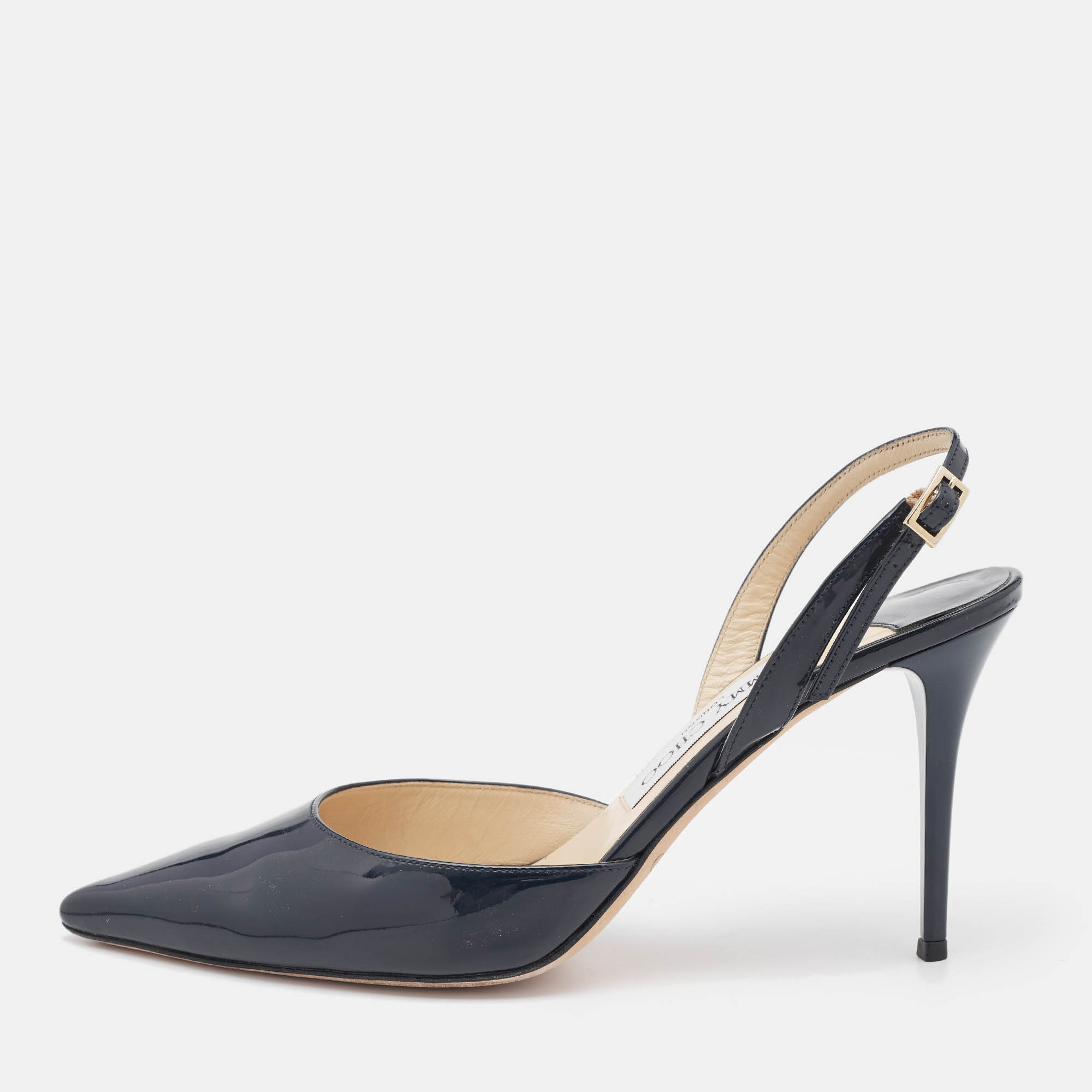 

Jimmy Choo Navy Blue Patent Leather Tarida Slingback Sandals Size