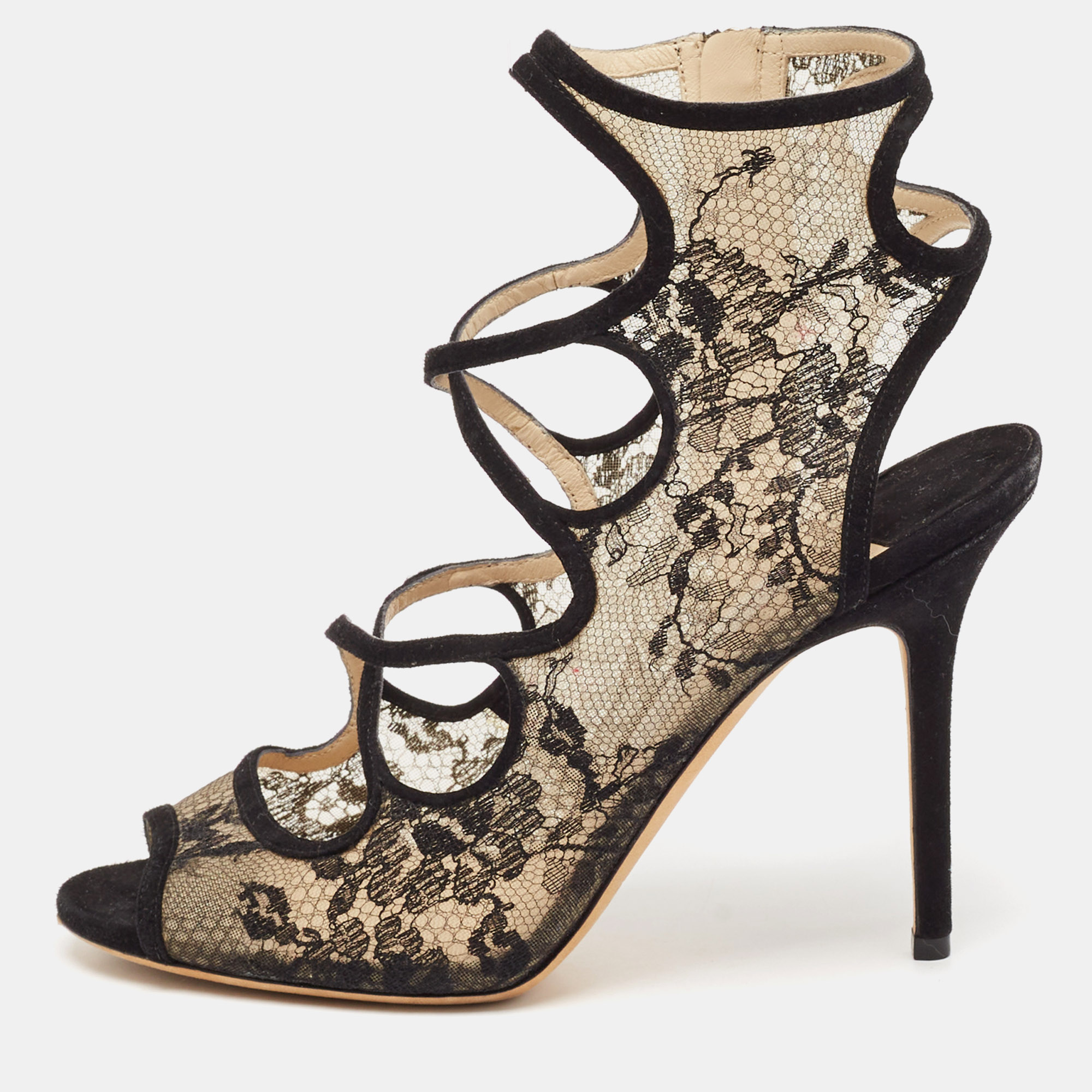 

Jimmy Choo Black Lace and Suede Strappy Sandals Size