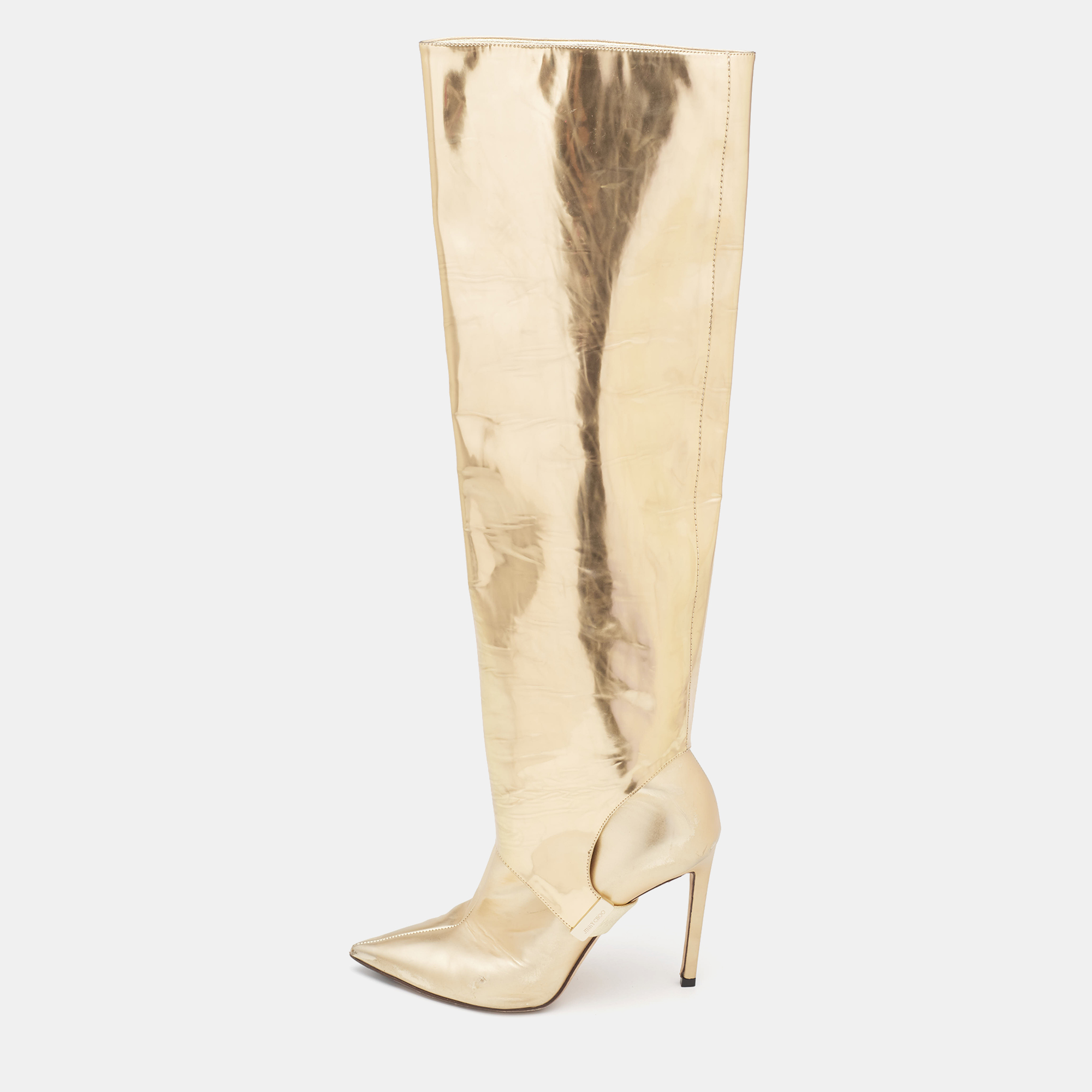 

Jimmy Choo Gold Patent Leather Knee Length Boots Size