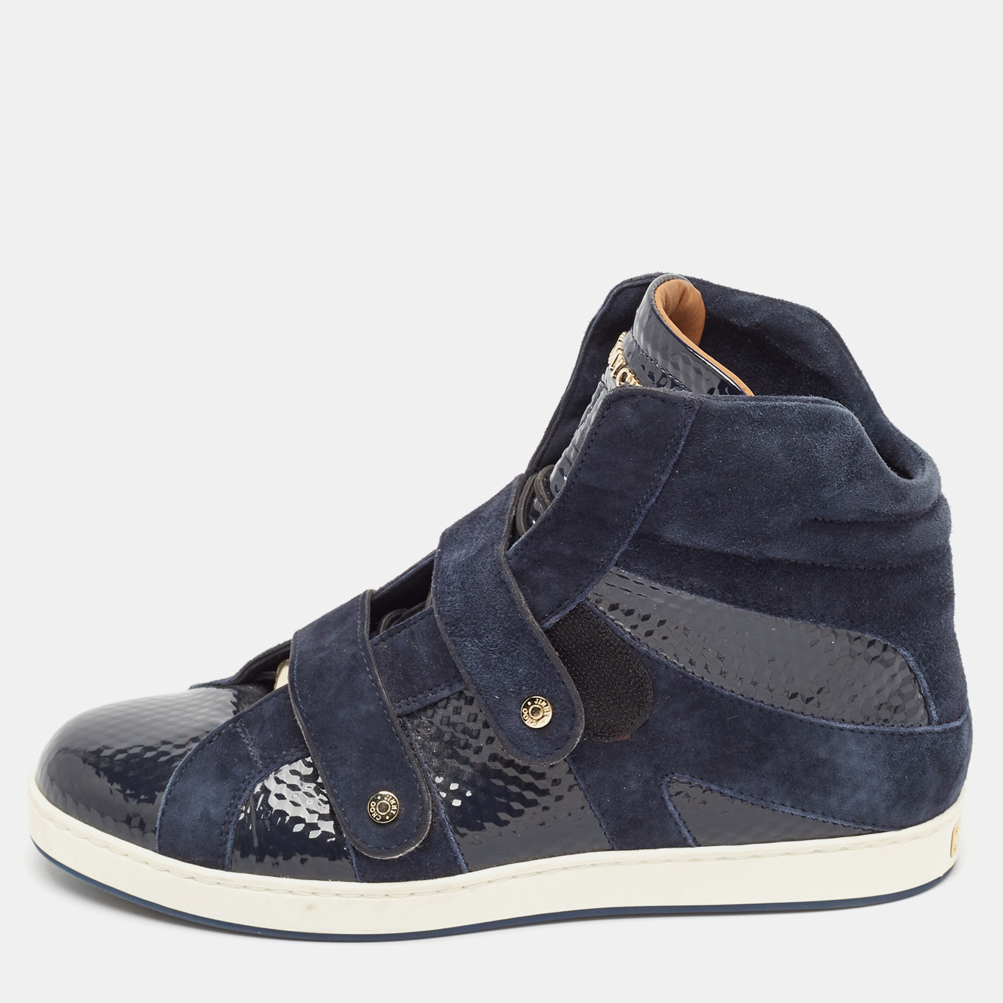 

Jimmy Choo Navy Blue Suede and Patent Yazz High Top Sneakers Size