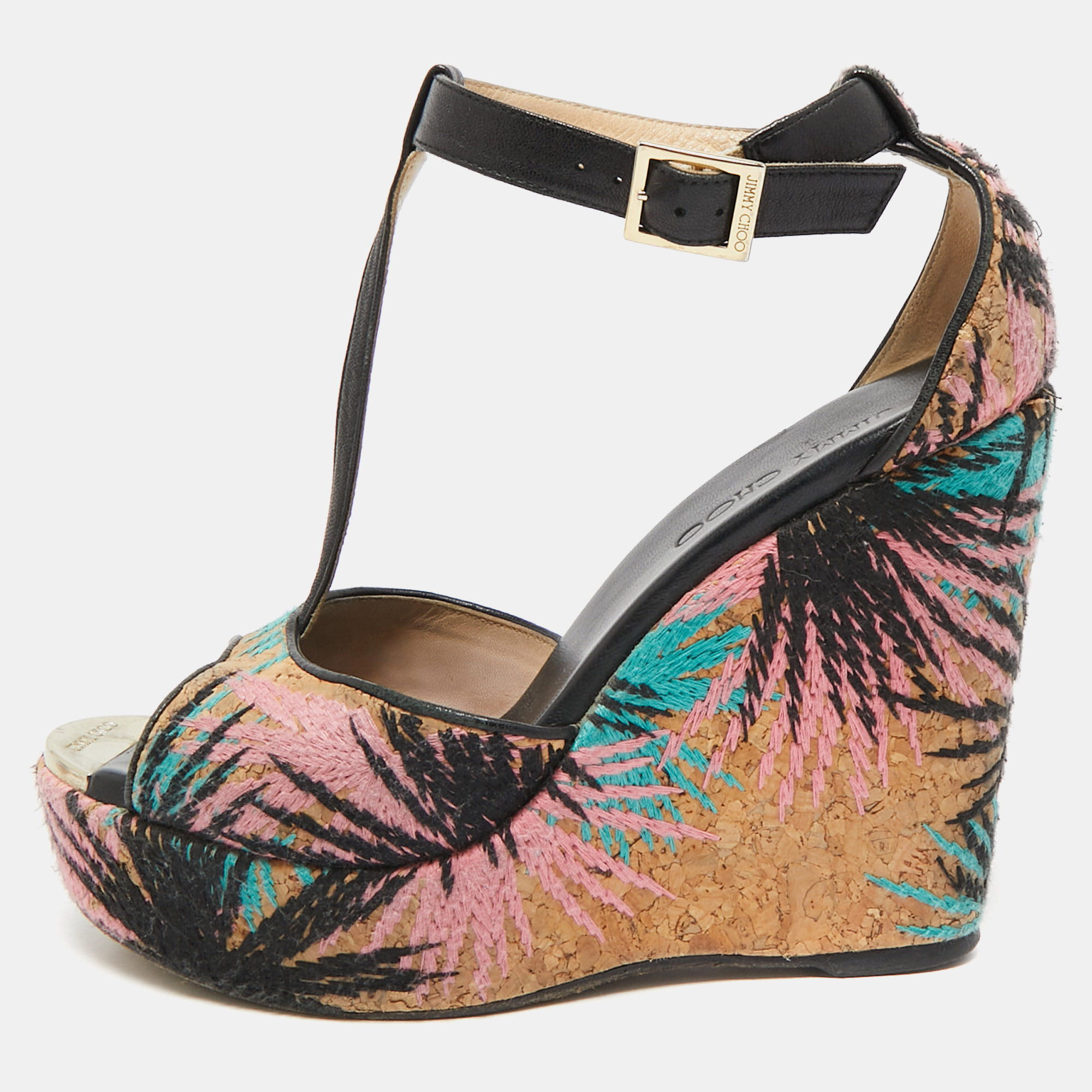 

Jimmy Choo Multicolor Embroidered Cork and Leather T-Strap Platform Wedge Sandals Size