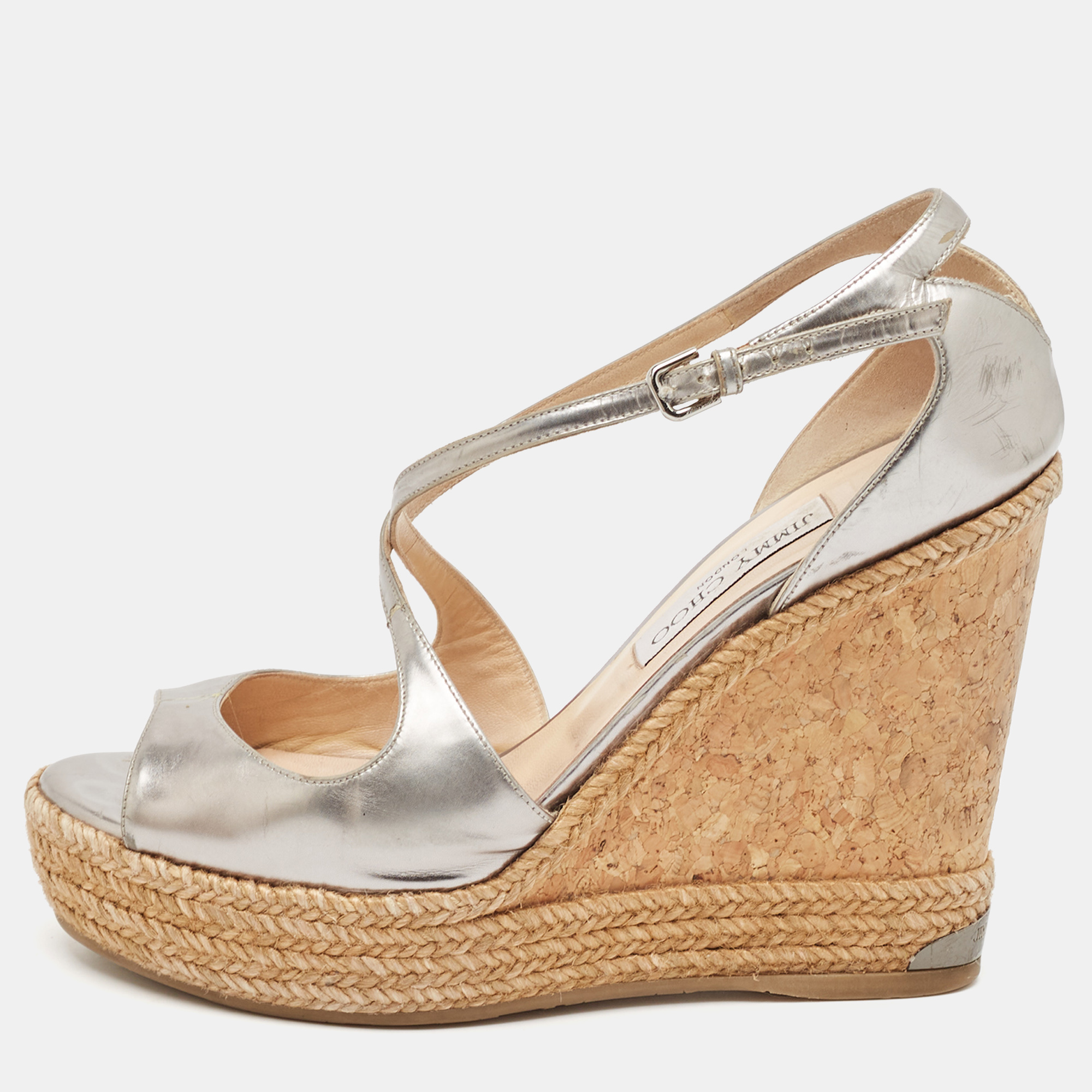 

Jimmy Choo Silver Leather Espadrille Wedge Sandals Size