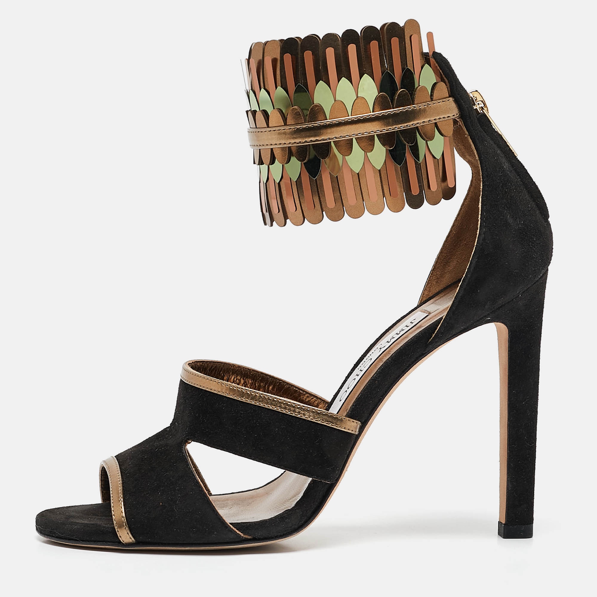 

Jimmy Choo Black/Gold Suede and Metallic Leather Klara Sandals Size