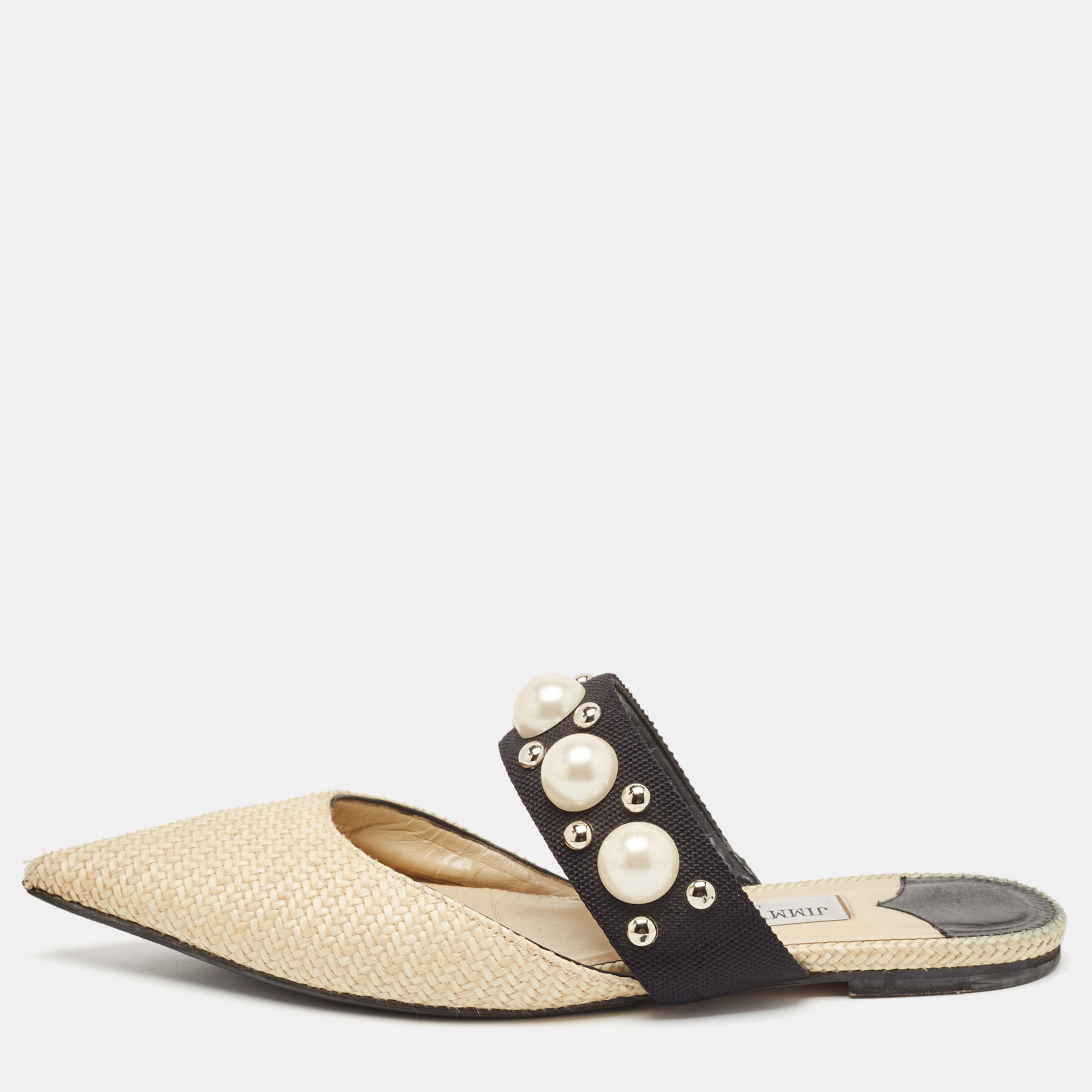 

Jimmy Choo Cream/Black Canvas and Raffia Embellished Mules Size