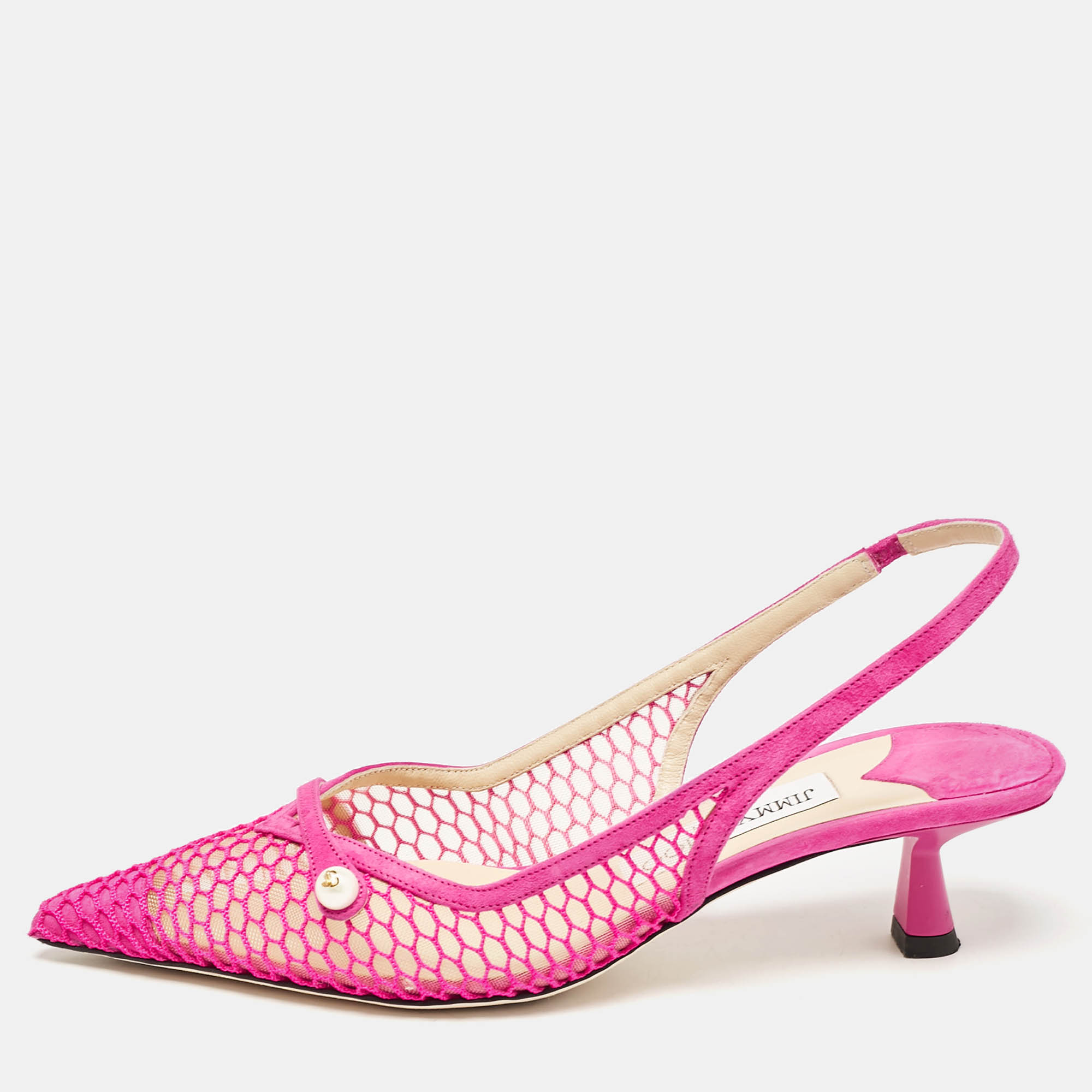 

Jimmy Choo Fuchsia Suede and Fishnet Amita Slingback Pumps Size, Pink