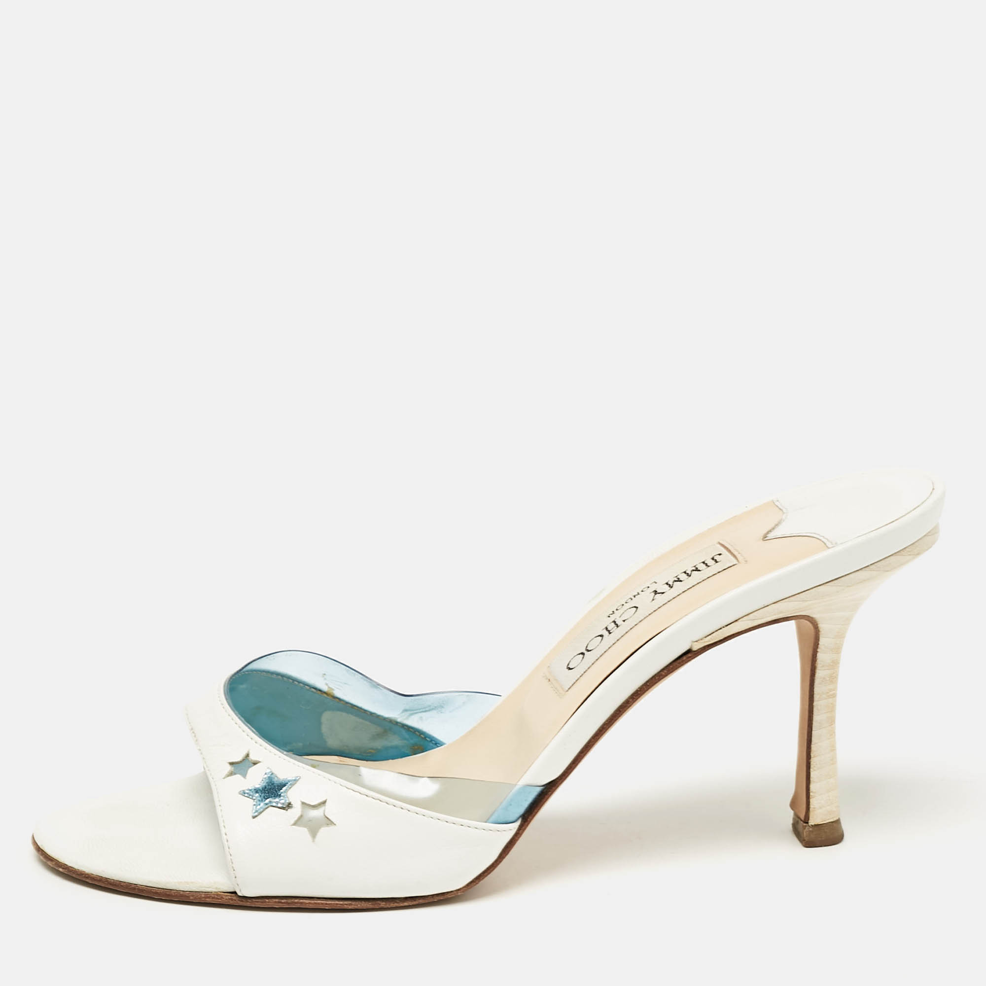 

Jimmy Choo White/Blue Leather and PVC Slide Sandals Size