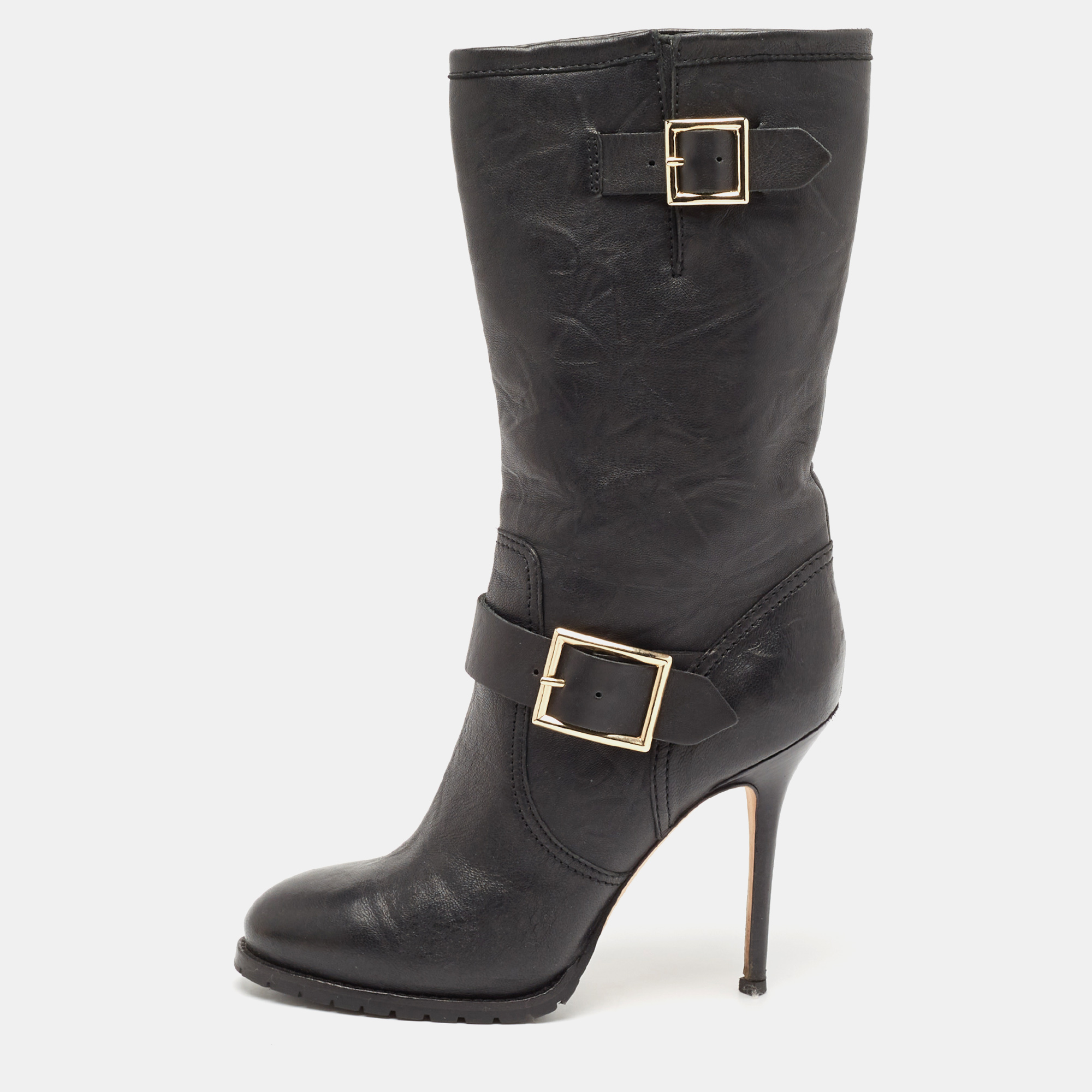 

Jimmy Choo Black Leather Buckle Mid Calf Boots Size