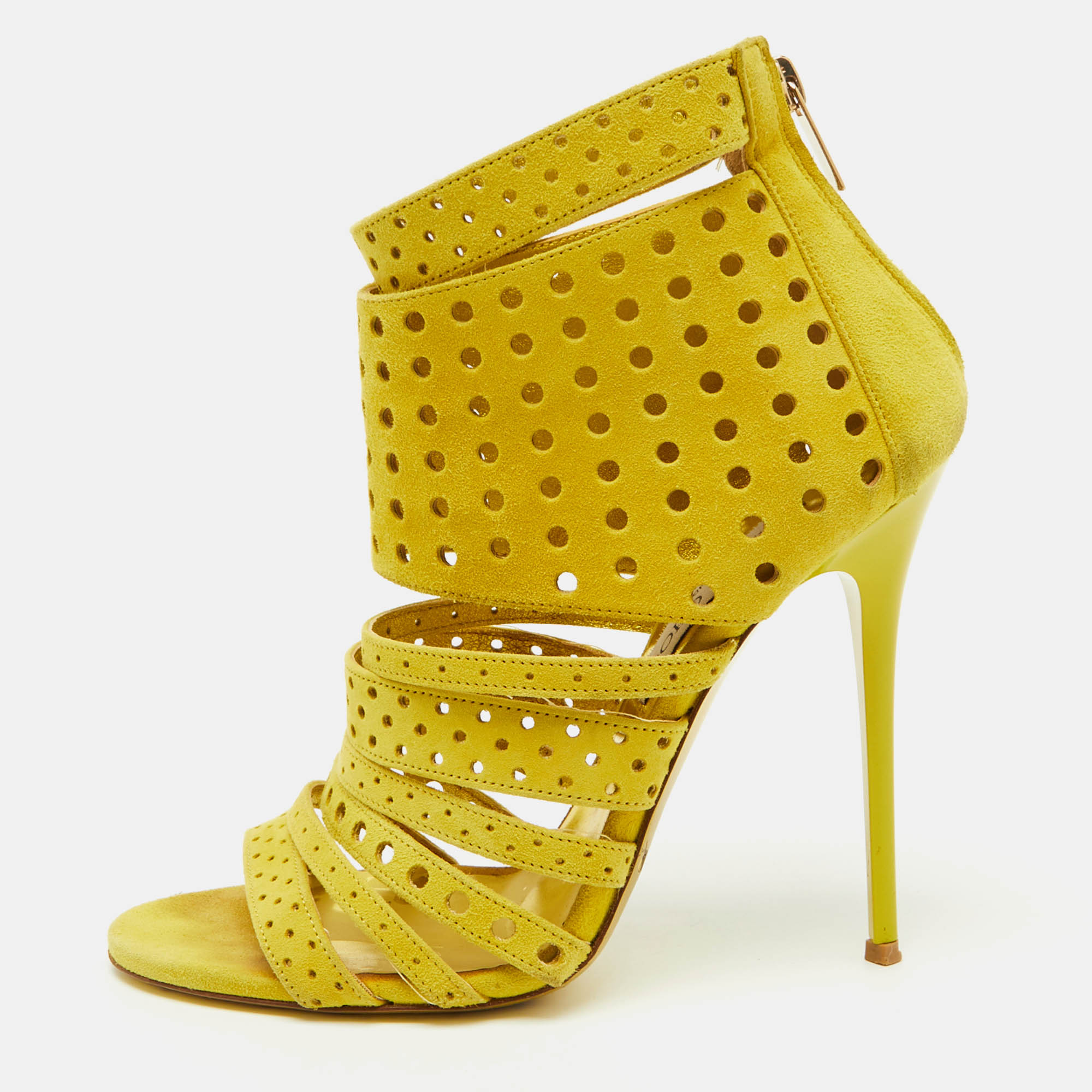 

Jimmy Choo Yellow Perforated Suede Strappy Gladiator Sandals Size