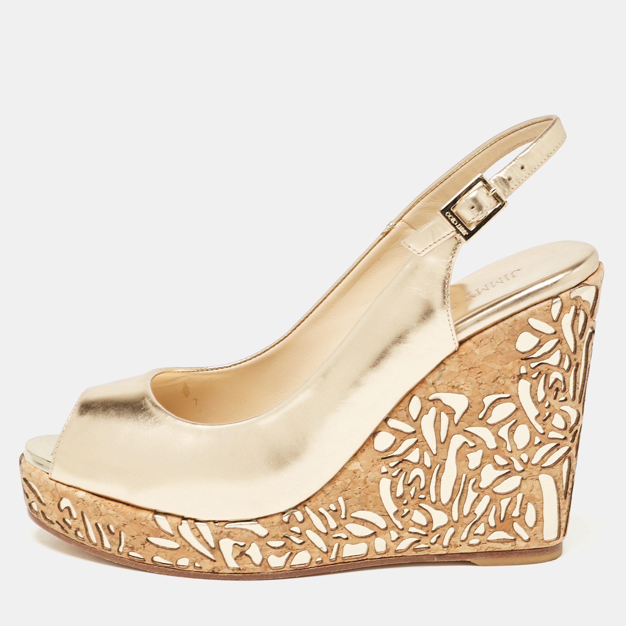 

Jimmy Choo Gold Leather Prova Cork Wedge Sandals Size