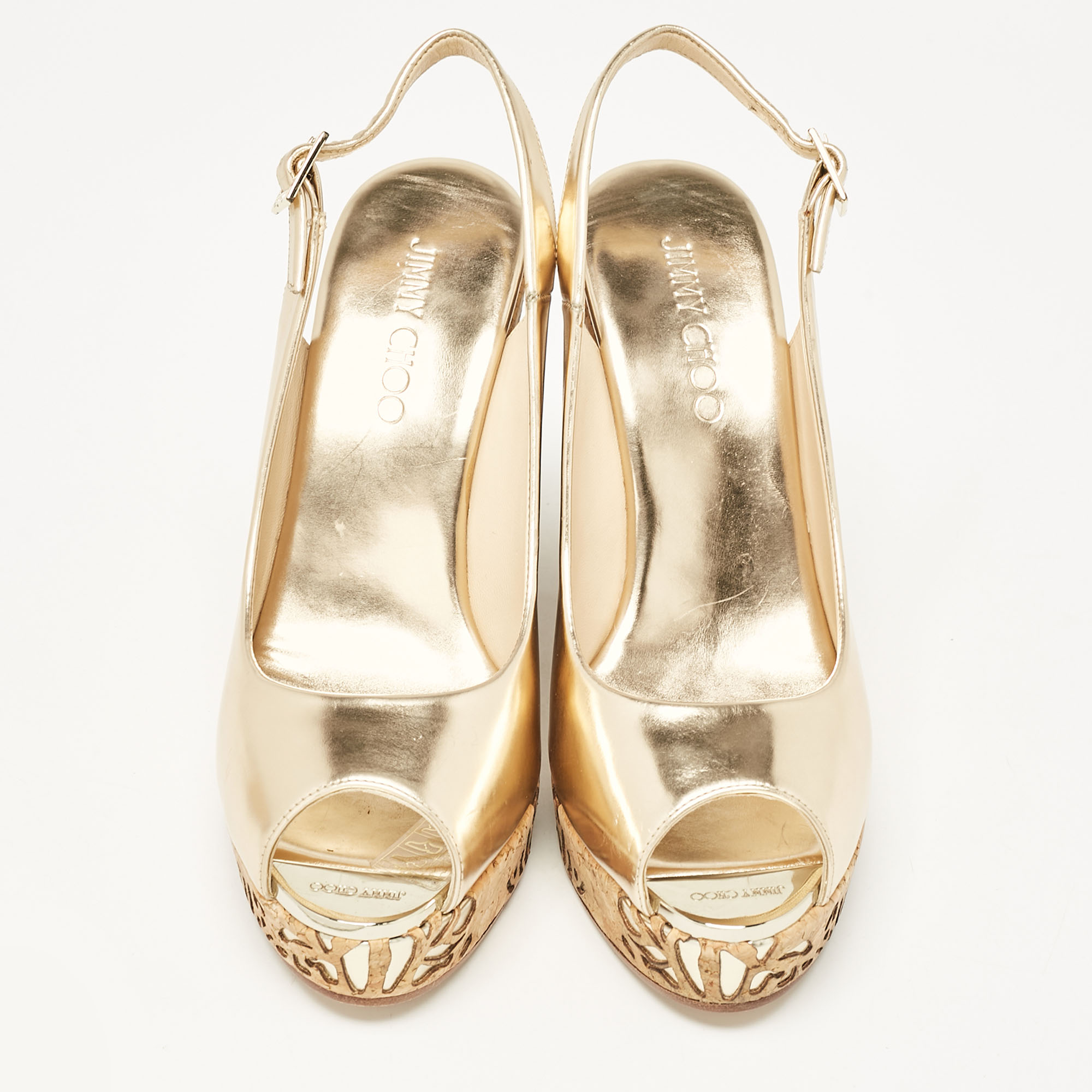 Jimmy Choo Gold Leather Prova Cork Wedge Sandals Size 40 