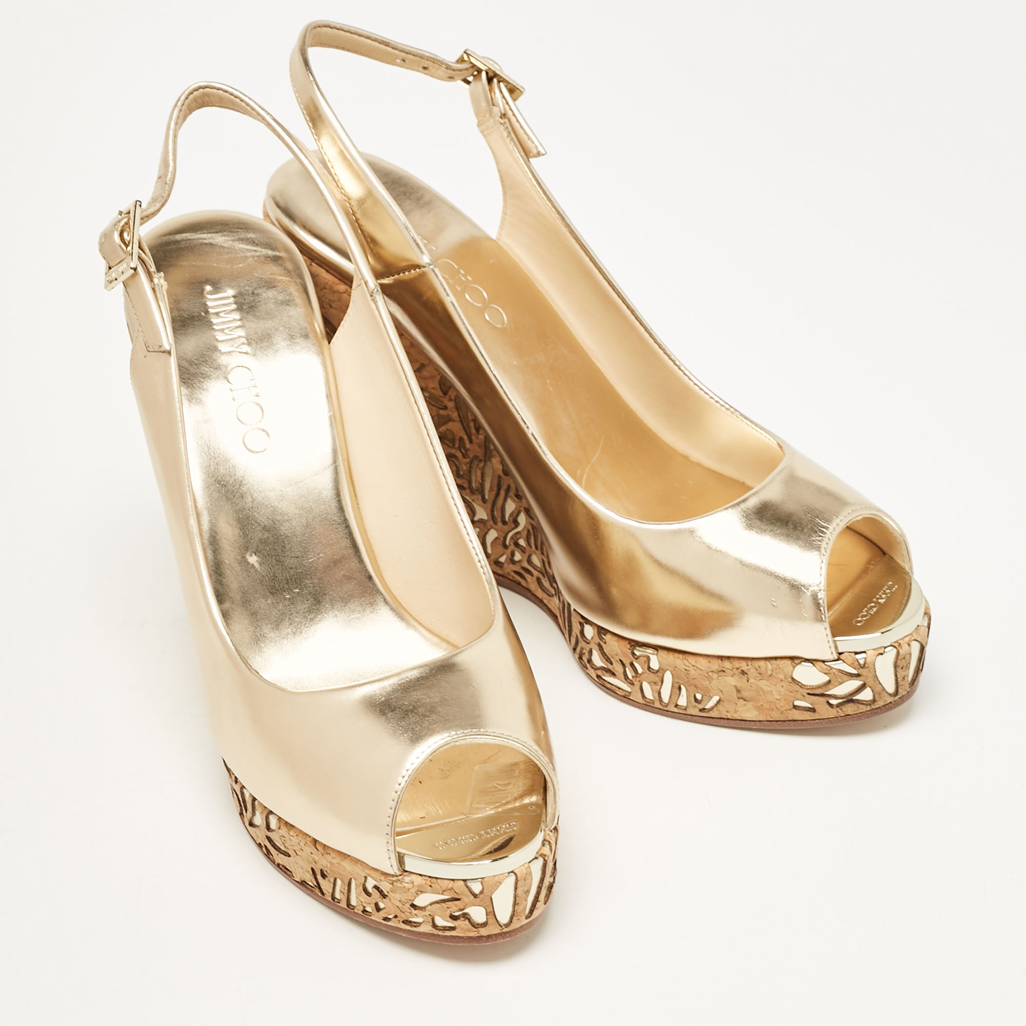 Jimmy Choo Gold Leather Prova Cork Wedge Sandals Size 40 