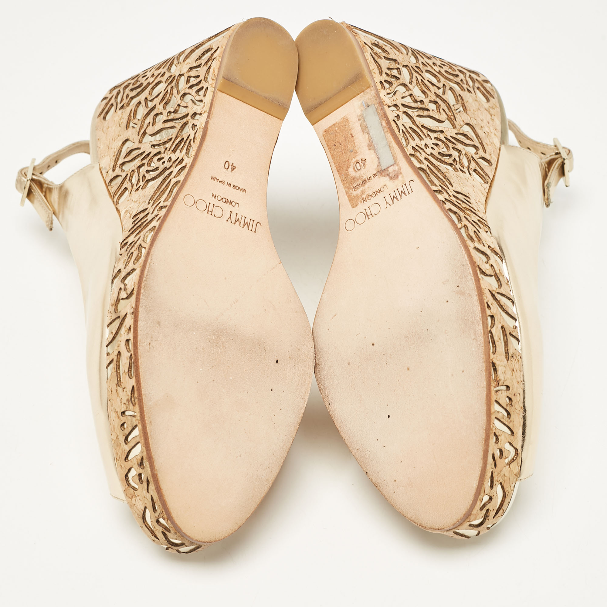 Jimmy Choo Gold Leather Prova Cork Wedge Sandals Size 40 