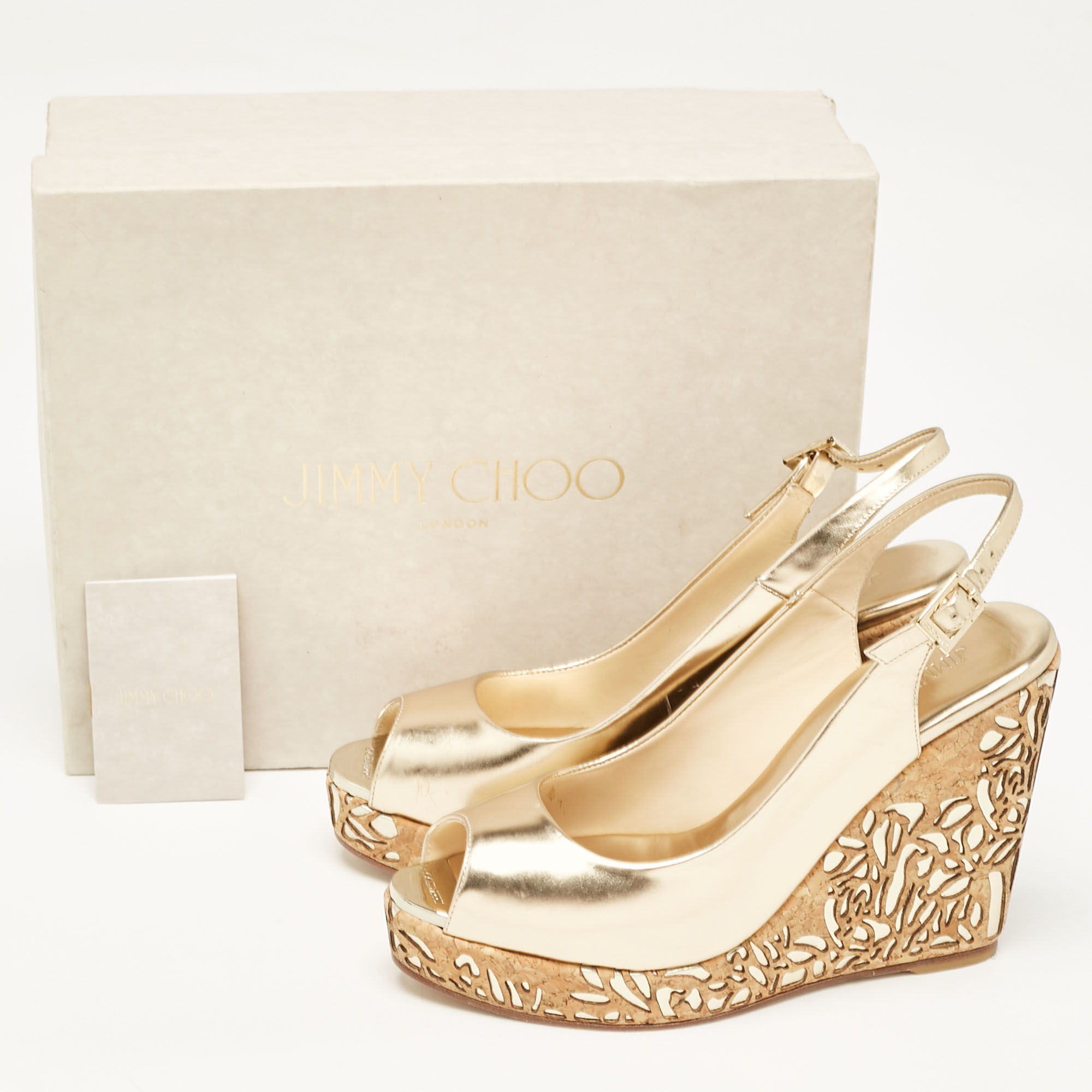 Jimmy Choo Gold Leather Prova Cork Wedge Sandals Size 40 