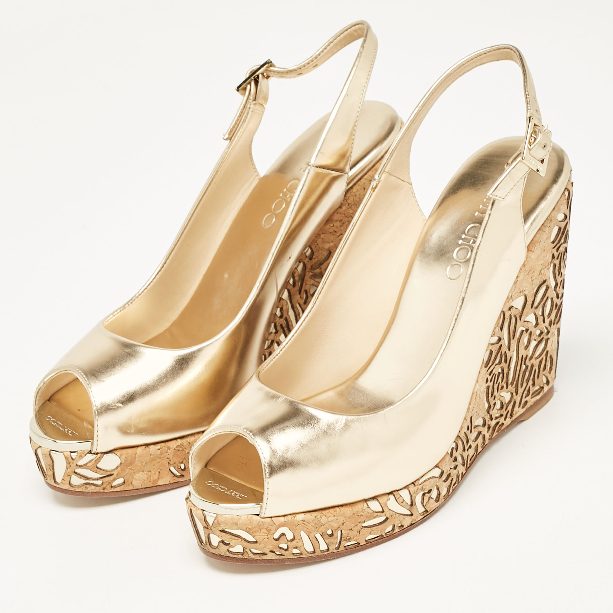 Jimmy Choo Gold Leather Prova Cork Wedge Sandals Size 40 