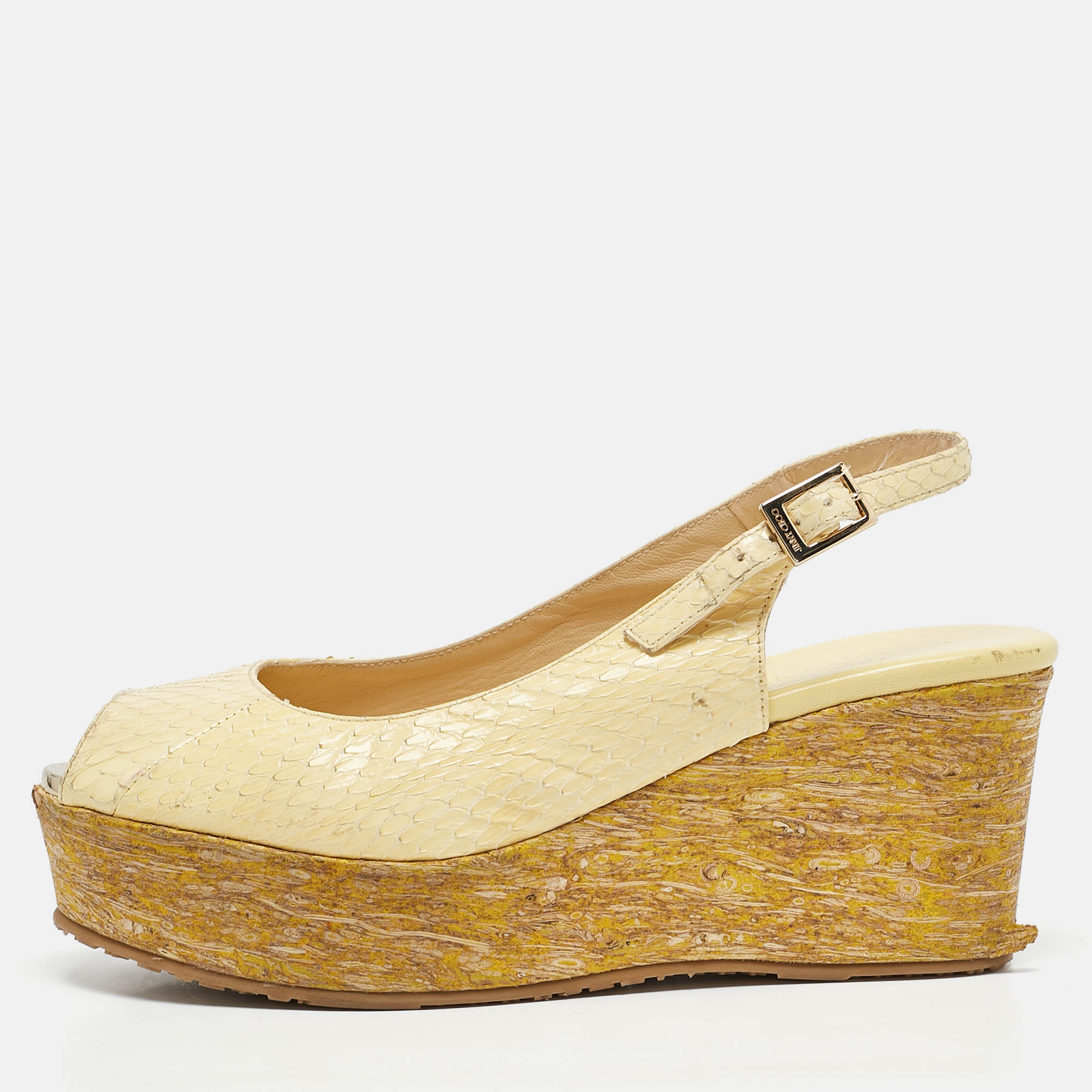 

Jimmy Choo Yellow Snakeskin Leather Wedge Sandals Size